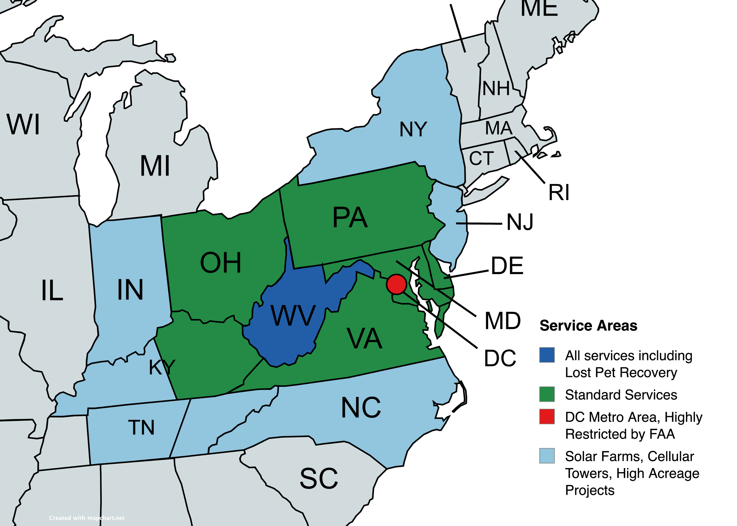 Map of the United States showing different states in various colors, with a red dot and a star indicating a specific location. The legend indicates blue for states on the East Coast, green for states in the middle, and white for other states.