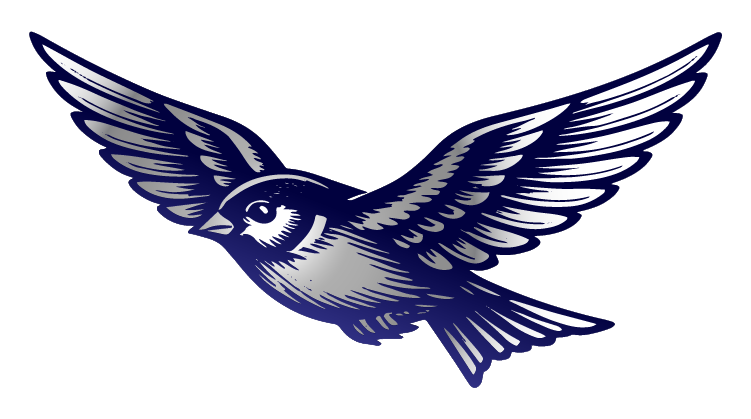 A stylized illustration of a bird flying with wings spread wide, featuring blue, white, and gray colors.