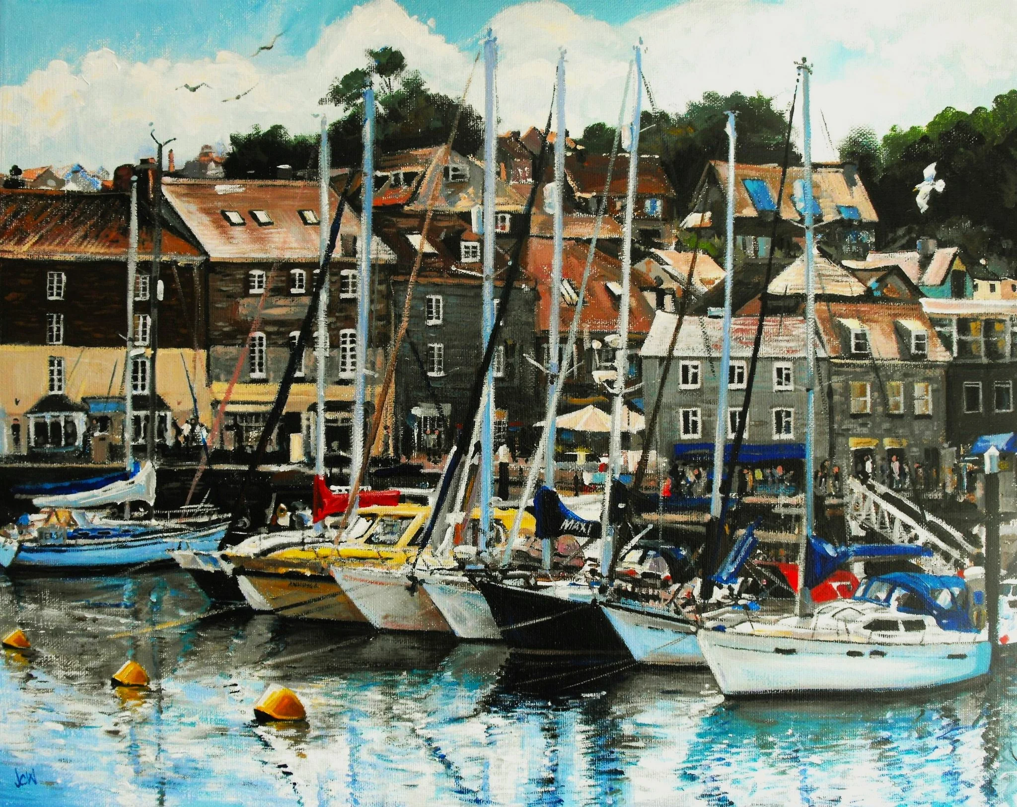 Oil painting of a harbor with sailboats docked in front of a hillside town with colorful buildings and rooftops.