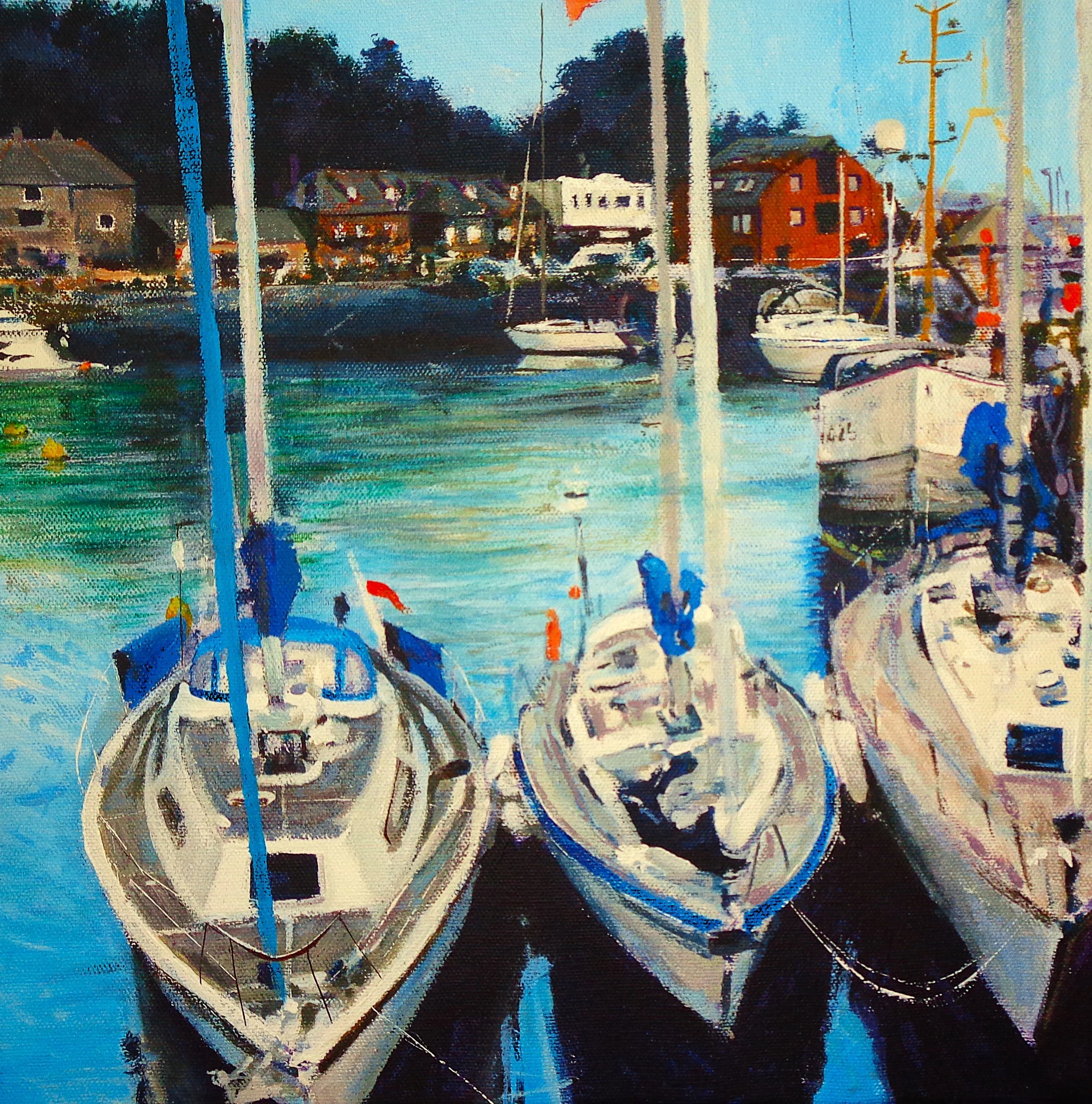 A colorful painting of boats docked in a harbor with houses in the background, depicting a lively seaside scene.