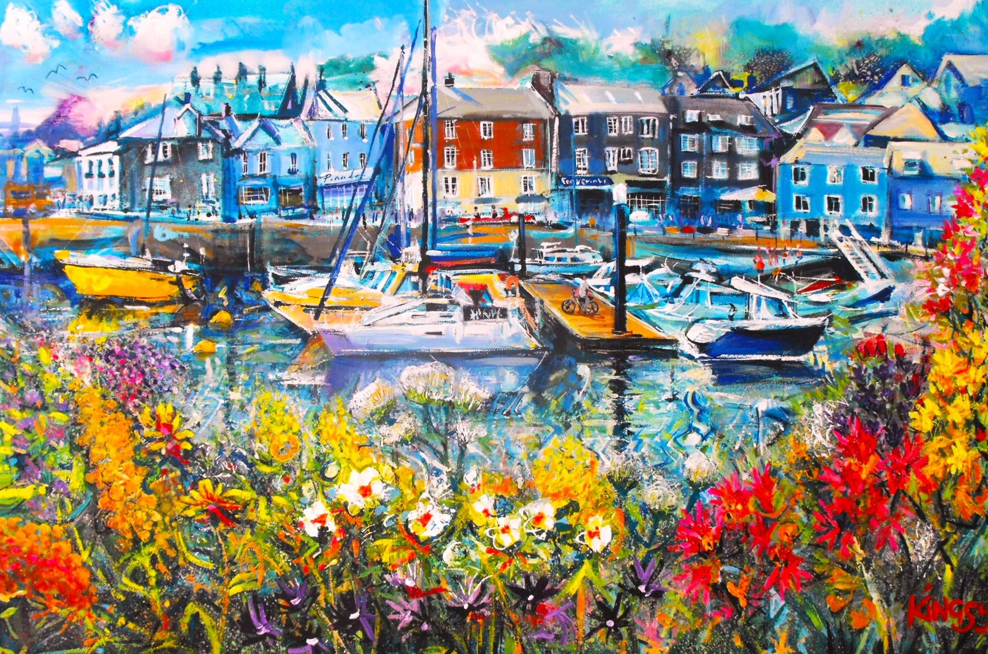 Colorful painting of a harbor scene with boats docked along a pier, colorful buildings in the background, and vibrant flowers in the foreground.