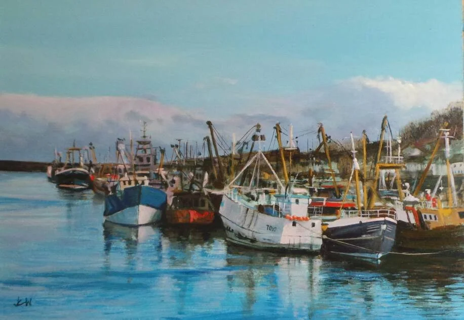 A painting of several boats docked at a harbor with a calm water reflection under a blue sky with clouds.
