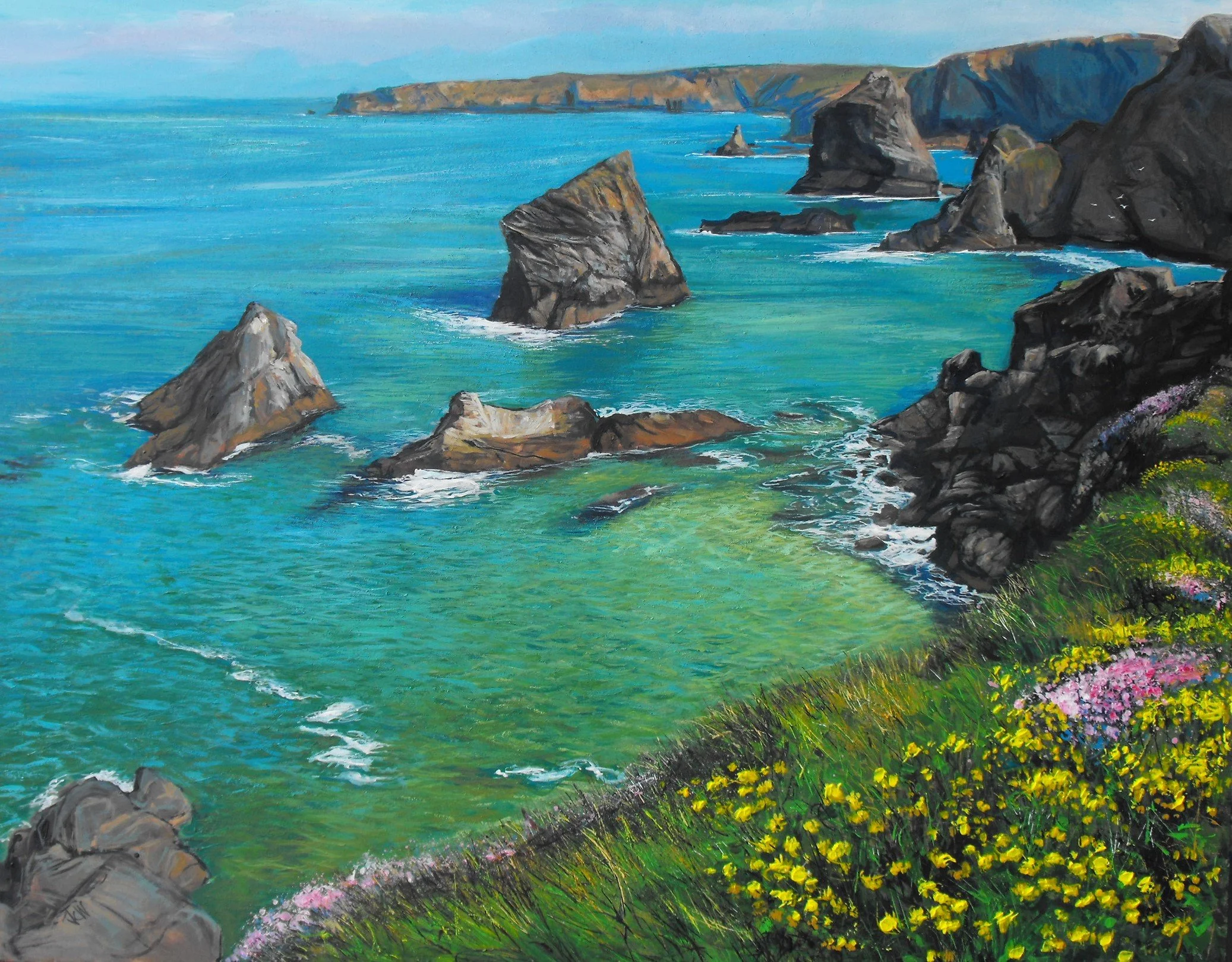 A colorful painting of the coastal landscape, showing turquoise water, rocky cliffs, and green vegetation with yellow and pink flowers in the foreground.