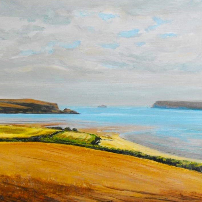 Landscape painting of a coastal scene with fields, cliffs, and the ocean under a cloudy sky.