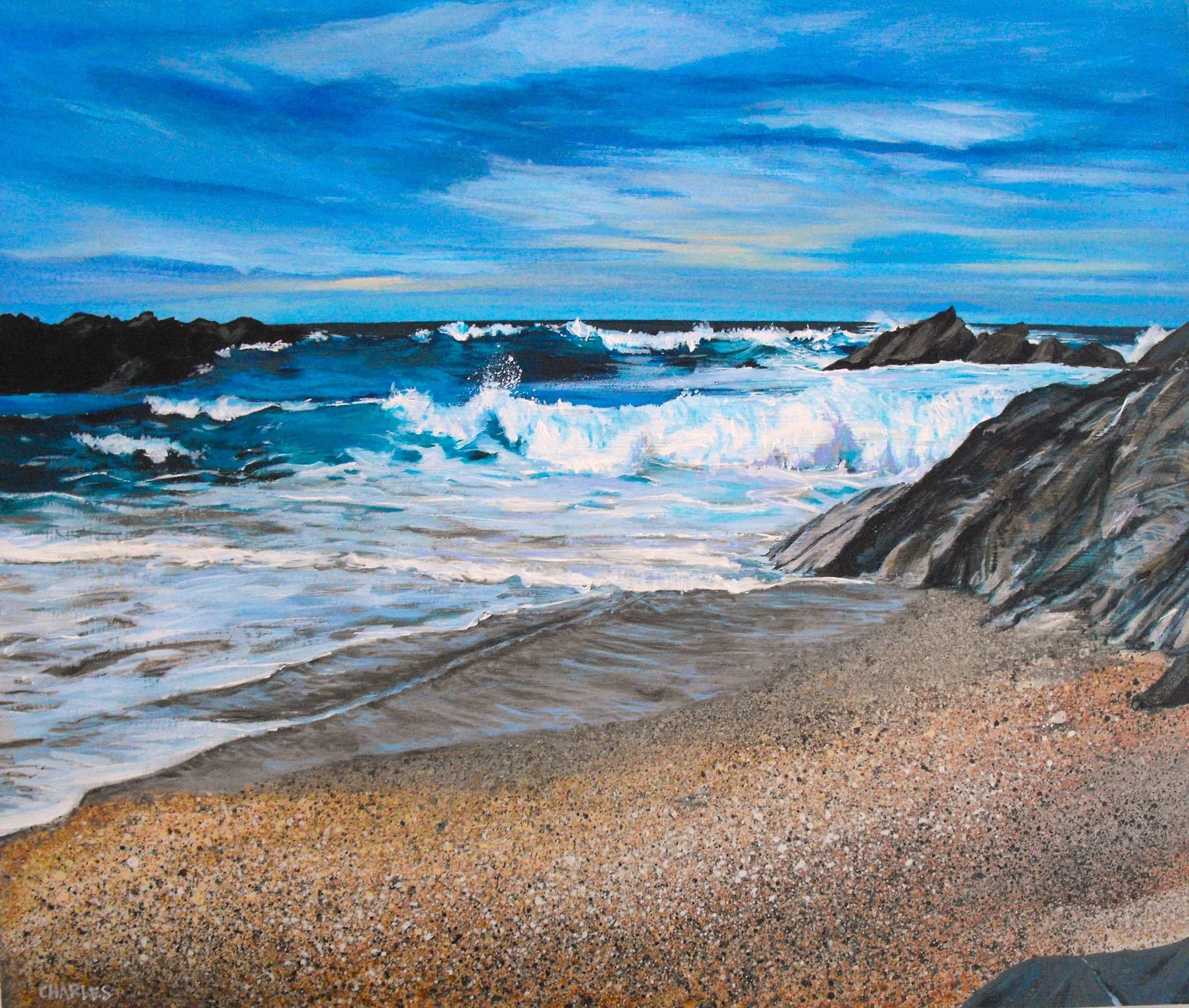 Painting of a beach scene with waves crashing against rocks and sandy shore under a blue sky with wispy clouds.