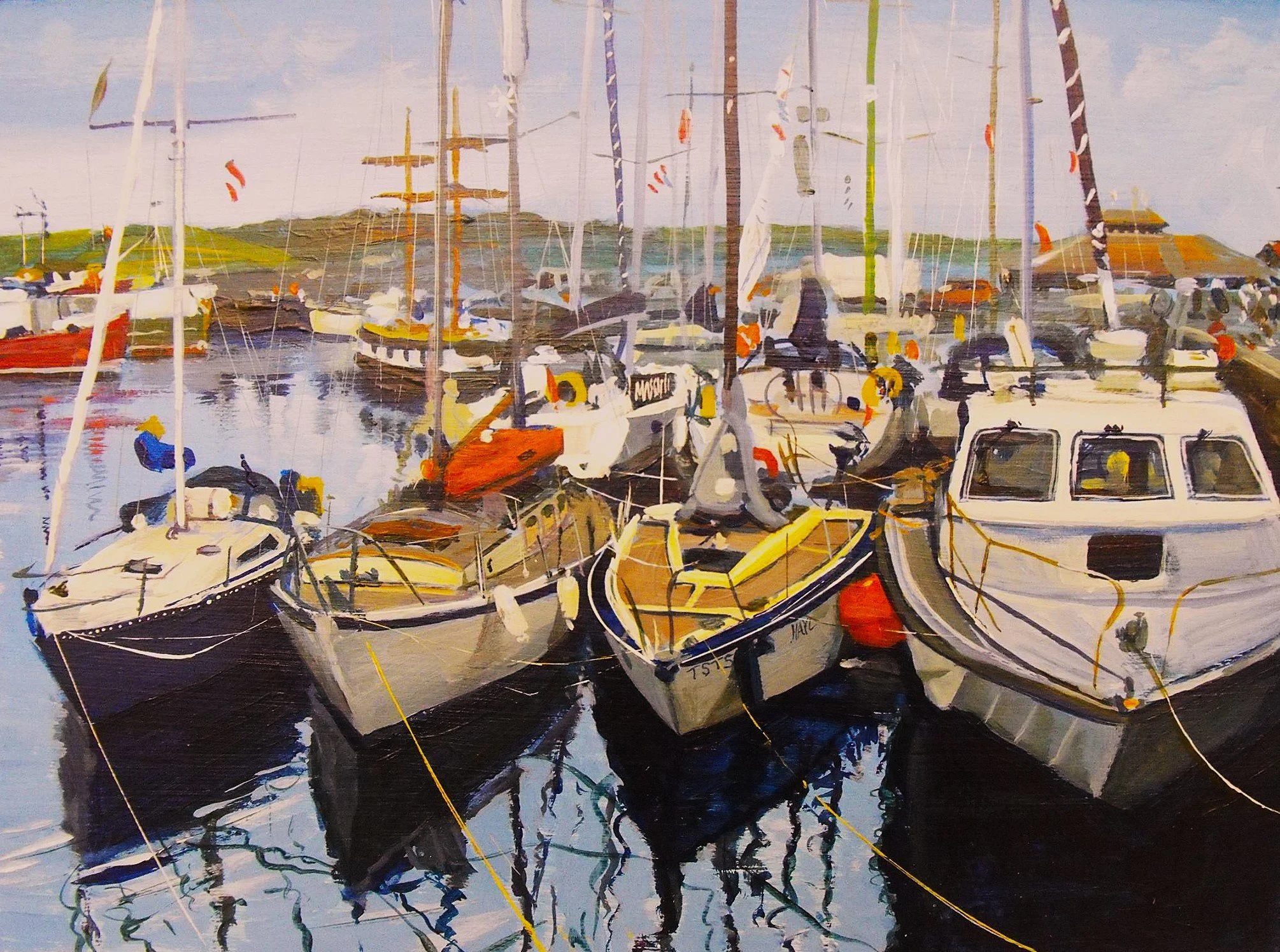 A painting of a marina with multiple sailboats and yachts docked, with water reflecting the boats and a distant shoreline with green hills under a partly cloudy sky.
