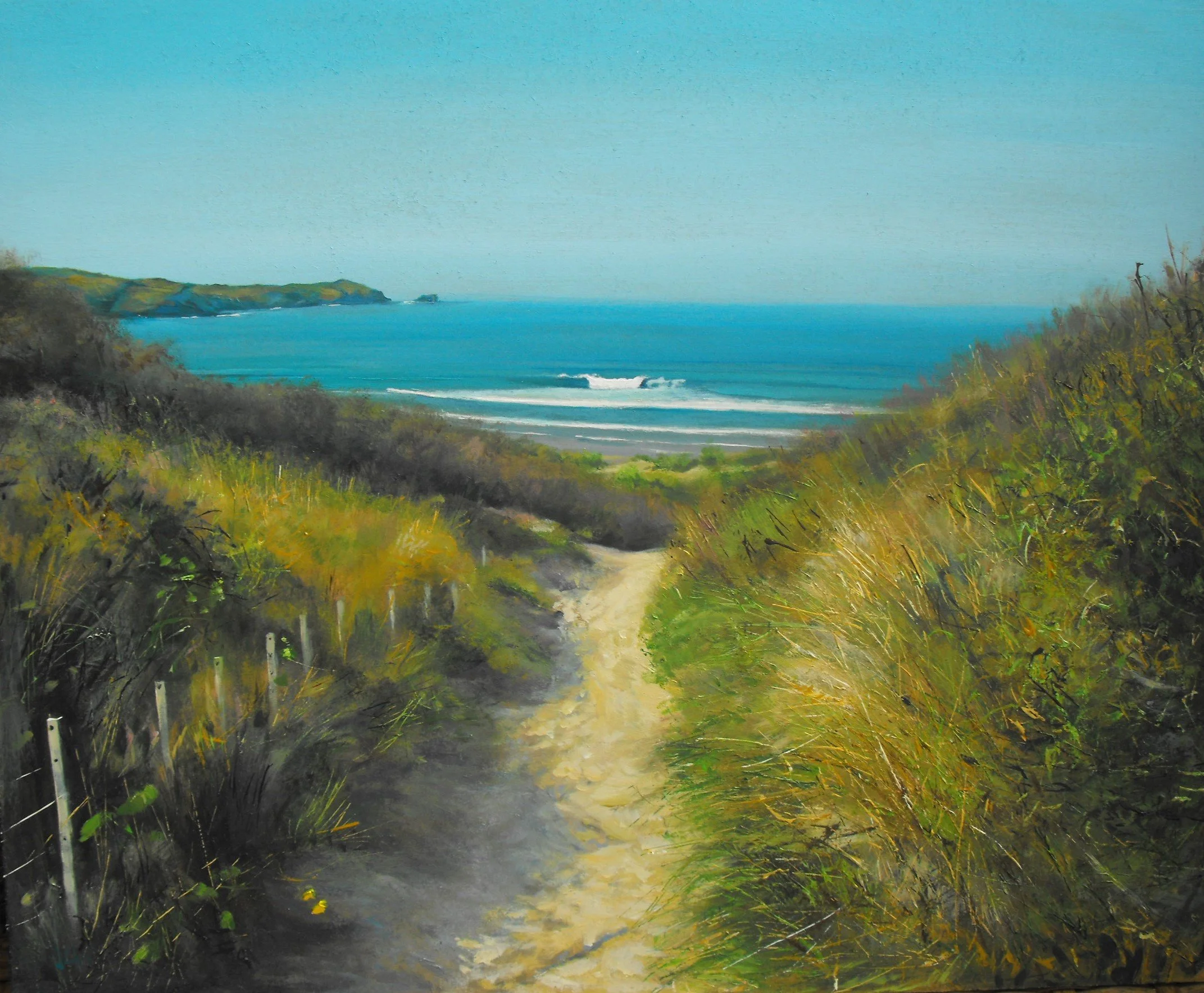 A painted landscape of a sandy pathway through grassy dunes leading to a beach with ocean waves and distant cliffs under a clear blue sky.