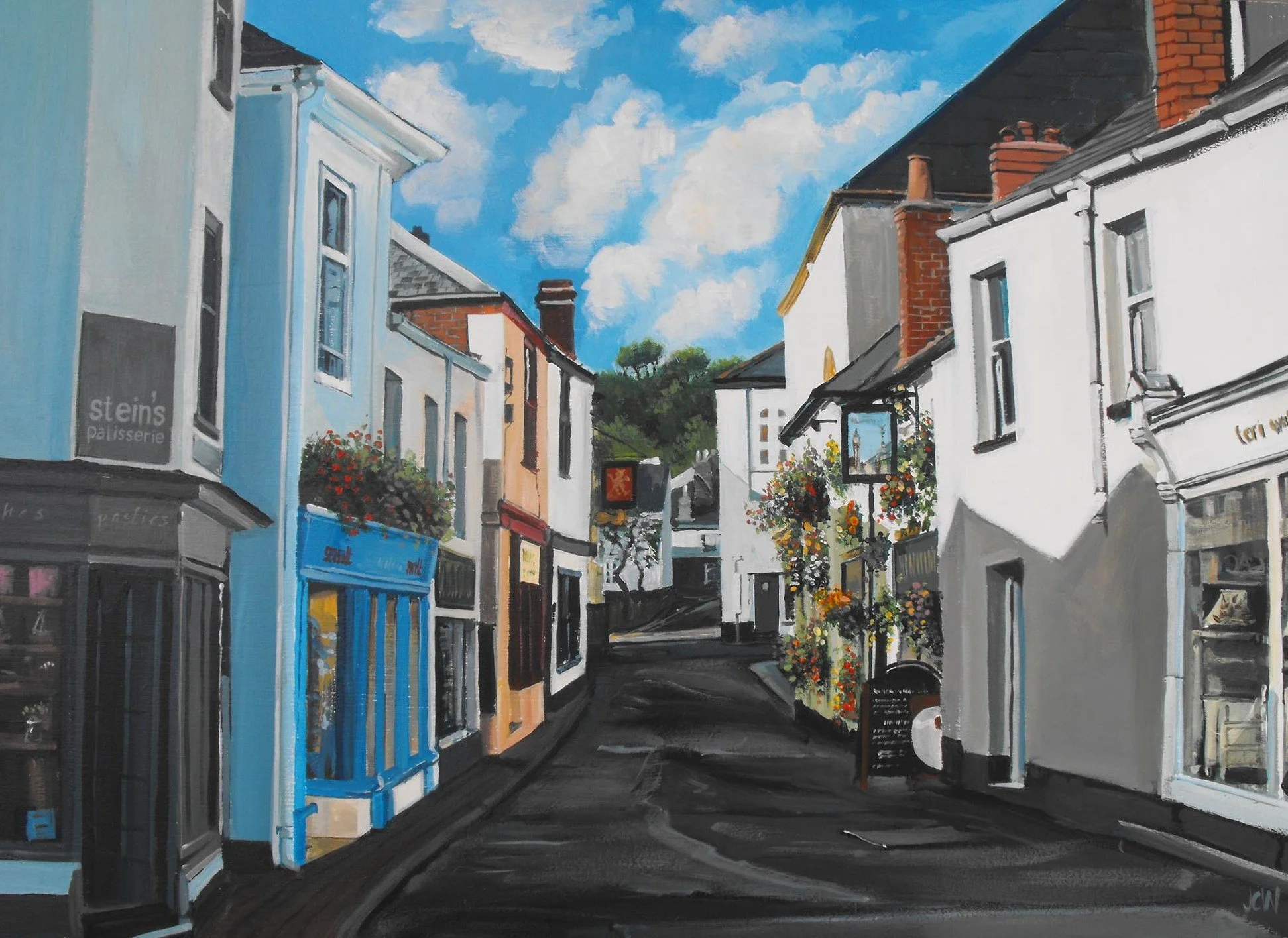 Painting of a small street lined with shops and cafes, with colorful flowers hanging outside, under a blue sky with scattered clouds.
