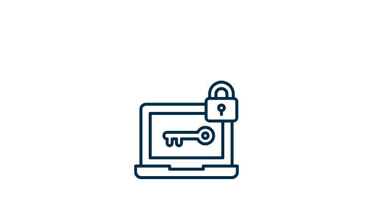 A computer with a padlock symbol and a key on the screen, representing secure digital infrastructure.