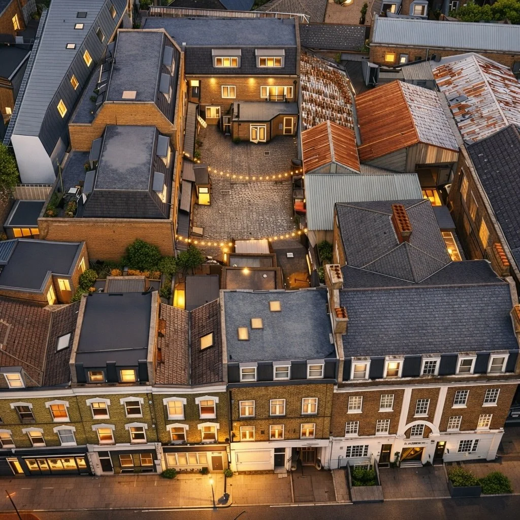 An aerial view of a city block at dusk showing a courtyard surrounded by buildings with lit windows and string lights hanging above, with the street below illuminated by streetlights.