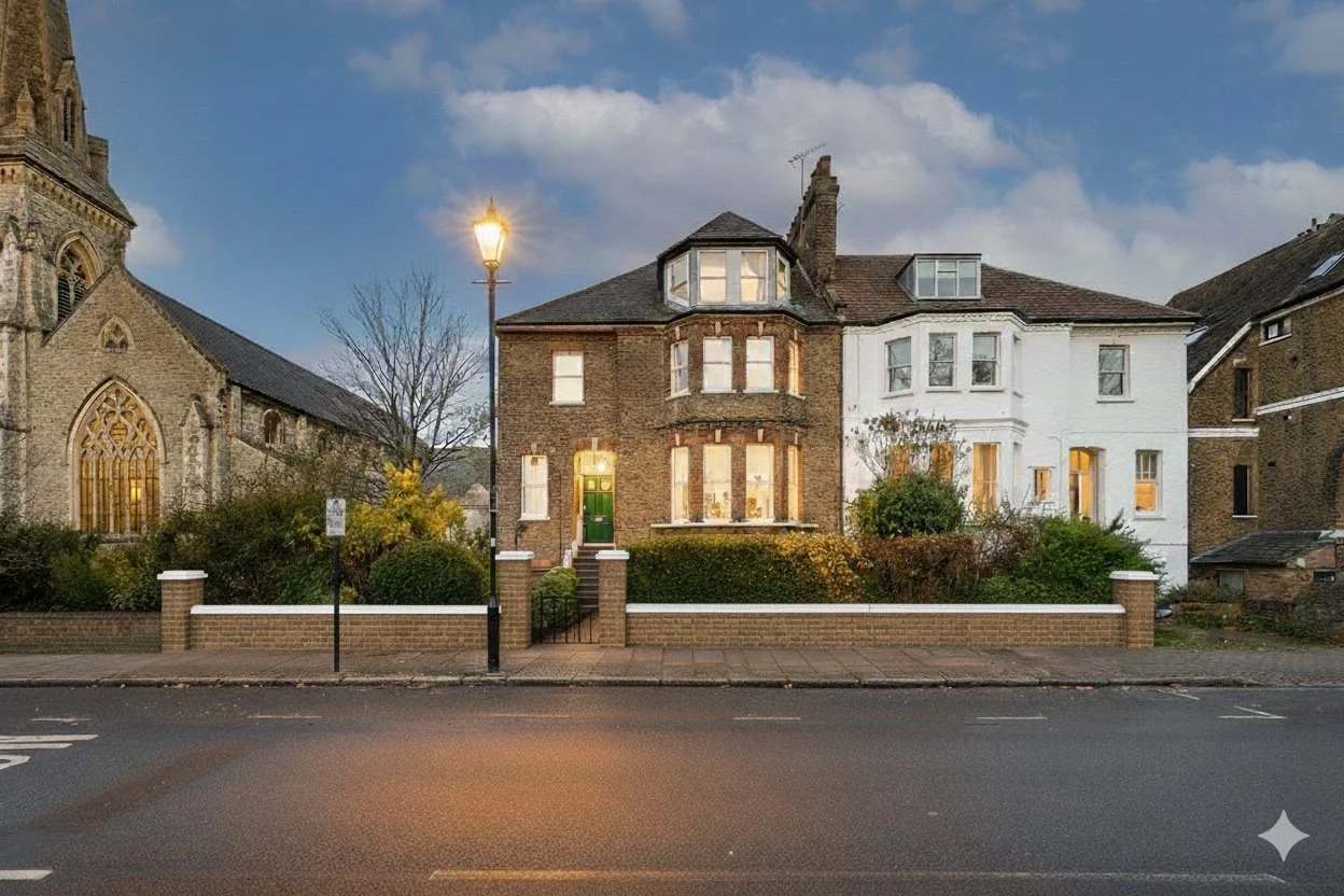A street view featuring an old brick house with a green front door, illuminated porch light, and upper bay window, flanked by a white house and an adjacent church with stained glass windows. The scene is set during twilight with a cloudy sky and lit streetlamp.