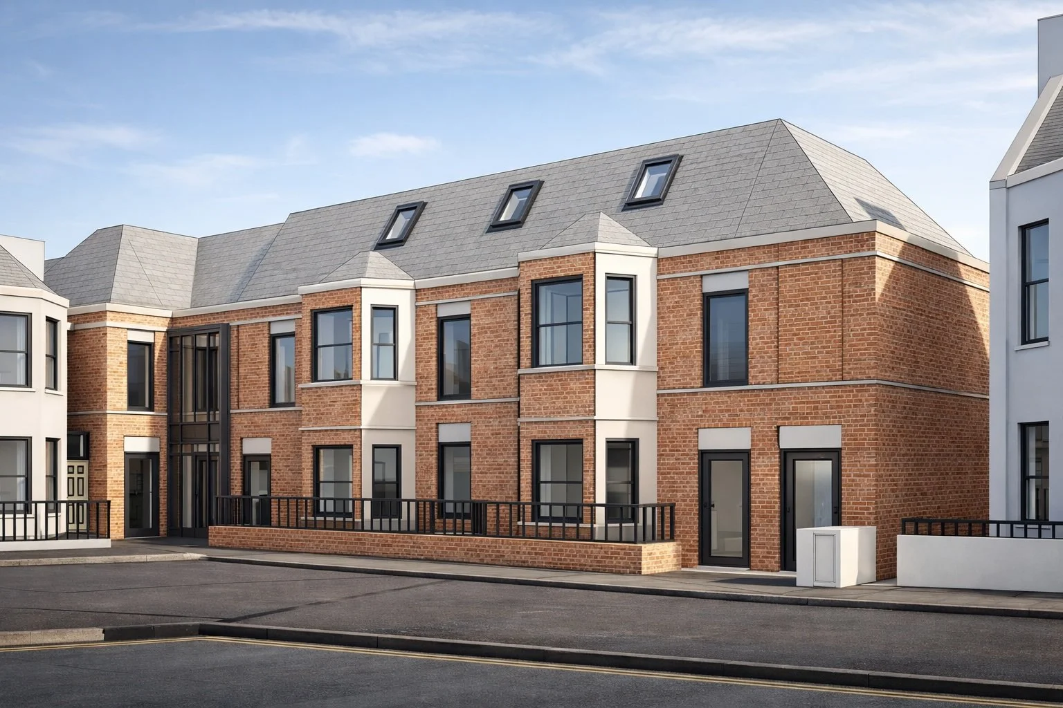 Modern brick apartment building with black framed windows and gray roof, situated along a paved street.