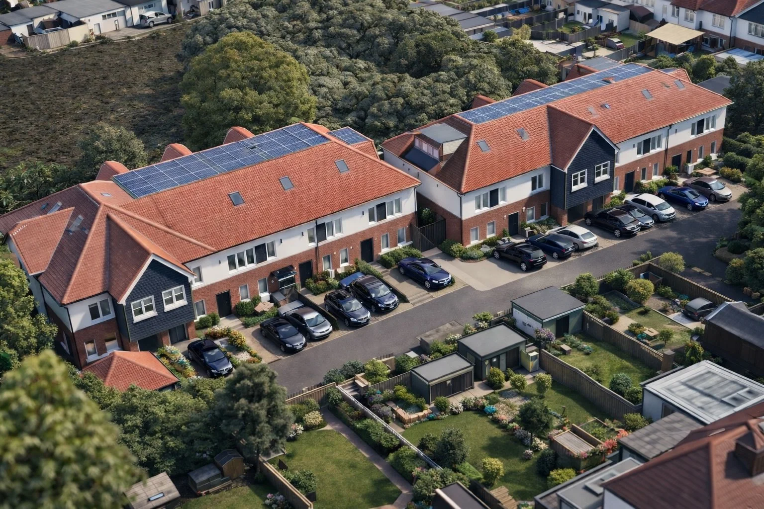 Aerial view of a residential housing complex with red-tiled roofs, solar panels, and multiple parked cars in driveways, surrounded by greenery and backyard gardens.