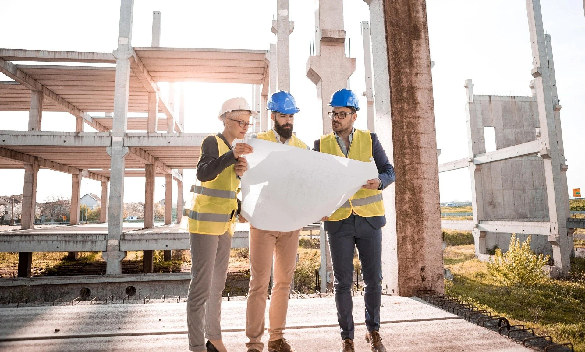 Three professionals, two men and one woman, wearing safety vests and helmets, reviewing blueprints at a construction site with an unfinished building framework in the background.