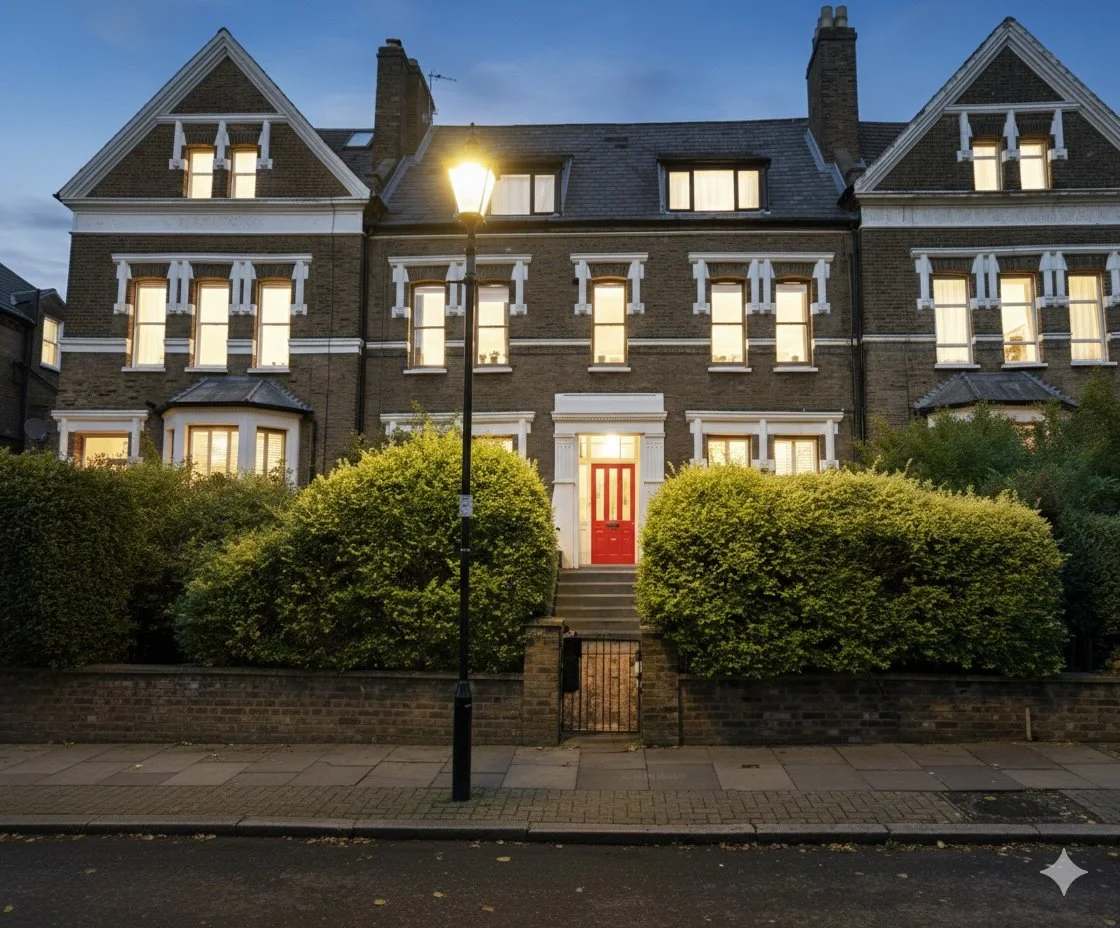 A large three-story brick house with several illuminated windows and a red front door, fronted by green bushes, a brick wall, and a streetlight on a cloudy evening.