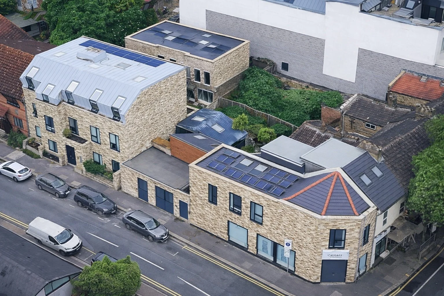Aerial view of modern buildings with brick facades, some with solar panels on rooftops, along a street with parked cars.