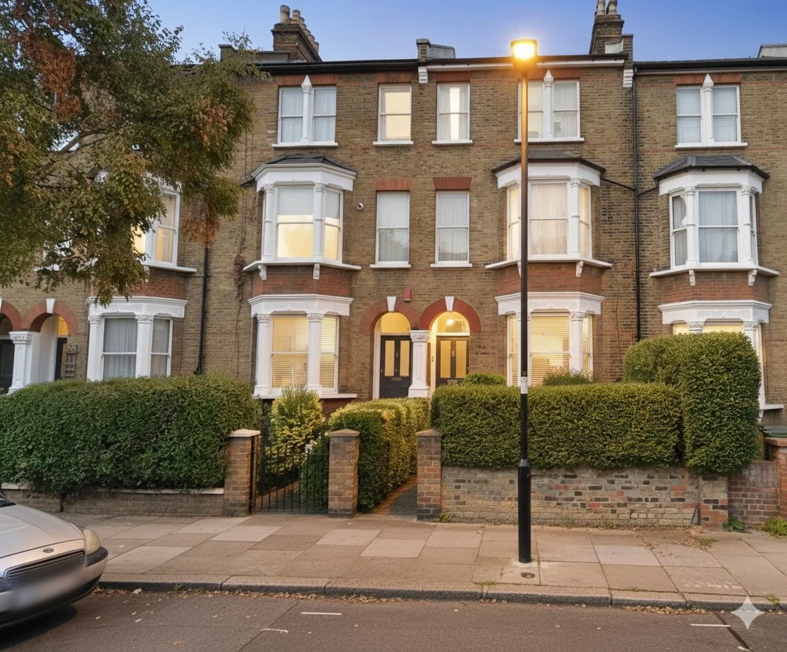 A three-story brick building with white bay windows, a black door, and a small front garden surrounded by a shrub hedge. There is a streetlamp and a parked silver car in front of the house.
