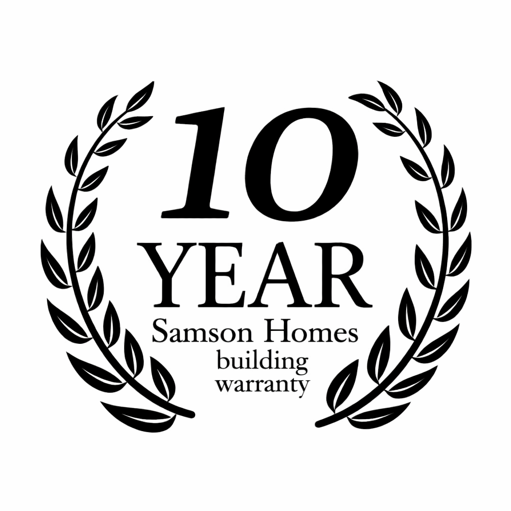 A black and white emblem celebrating 10 years of Samson Homes building warranty, with a laurel wreath surrounding the text.