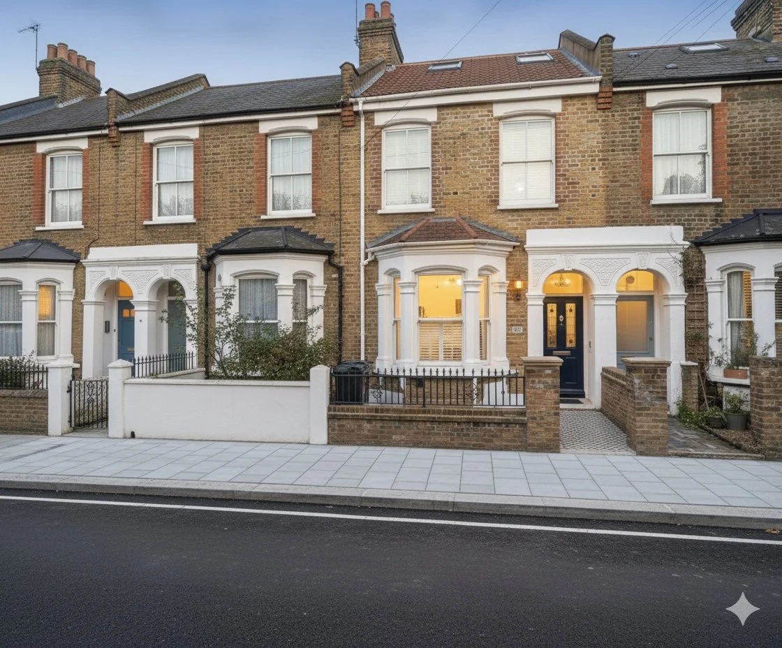 A row of brick townhouses with white trim and black doors, with front gardens separated from the sidewalk by short brick and white fences.