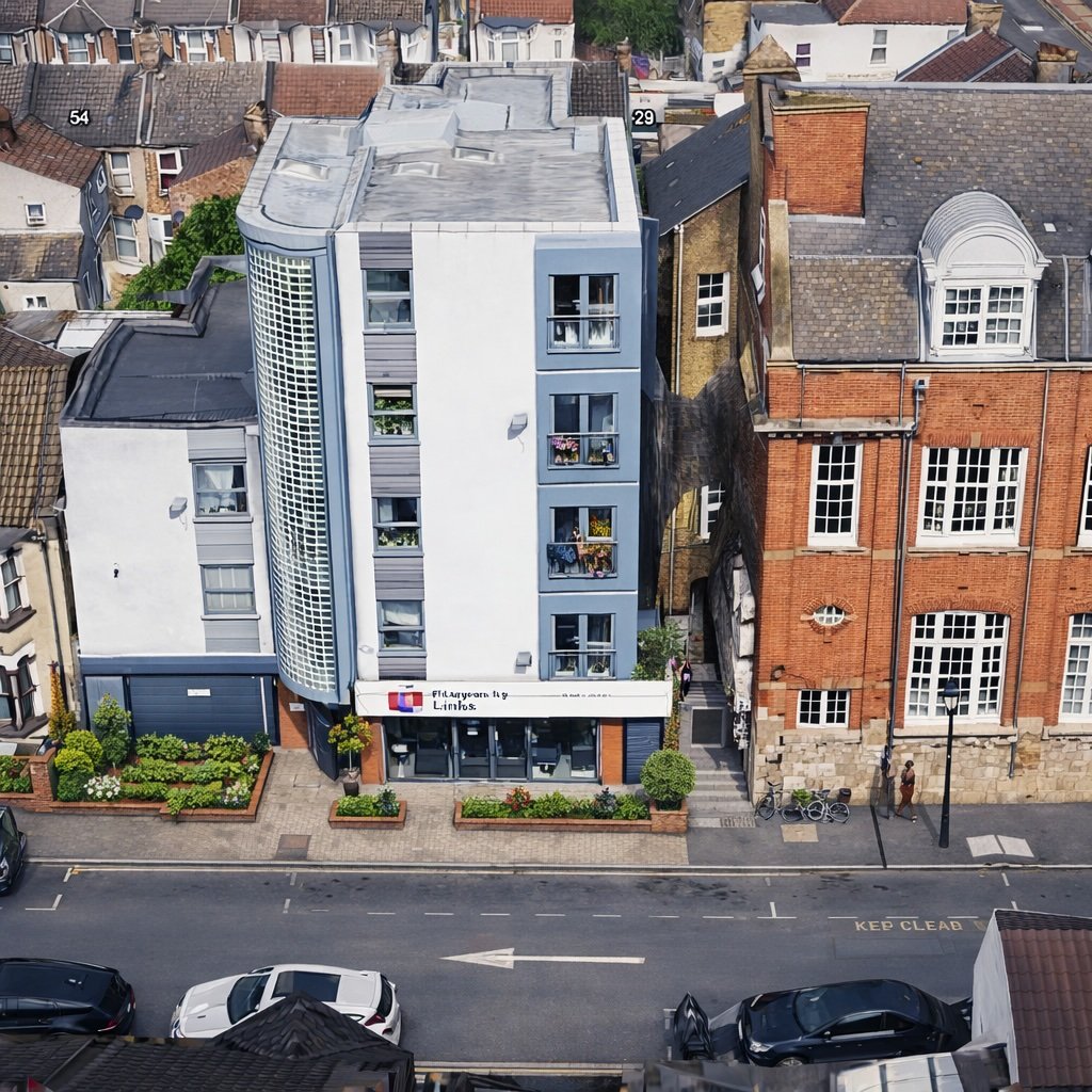 An aerial view of a city street with a modern white and gray building, surrounded by older brick buildings. There are parked cars along the street and small landscaped gardens in front of the buildings.