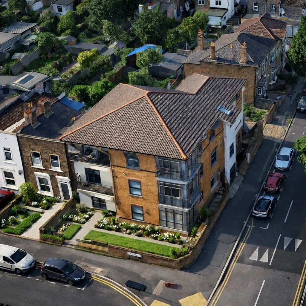 An aerial view of a residential neighborhood showing a multi-story brick building with a sloped tile roof and balconies, surrounded by smaller houses, greenery, and parked cars along the street.
