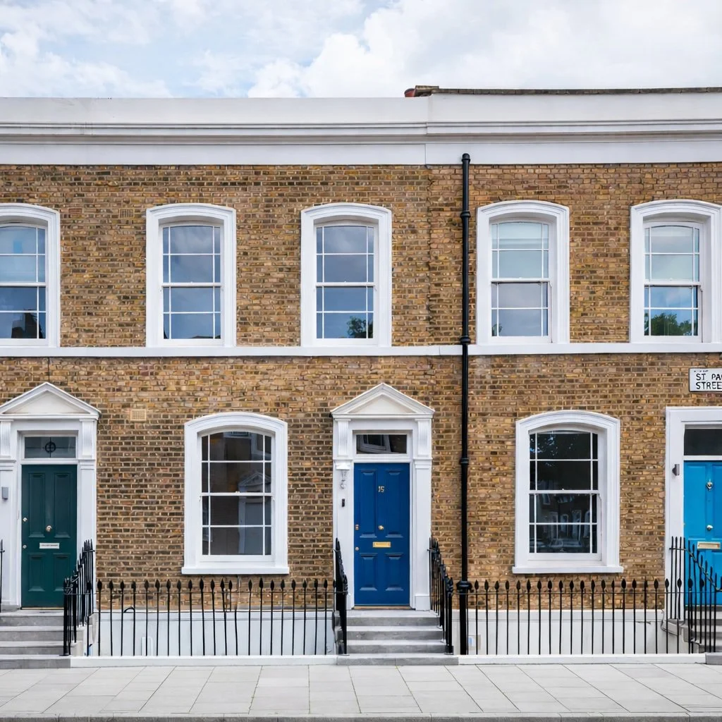 Row of brick townhouses with white window frames and colorful doors, including green and blue, on a city street with a sidewalk.