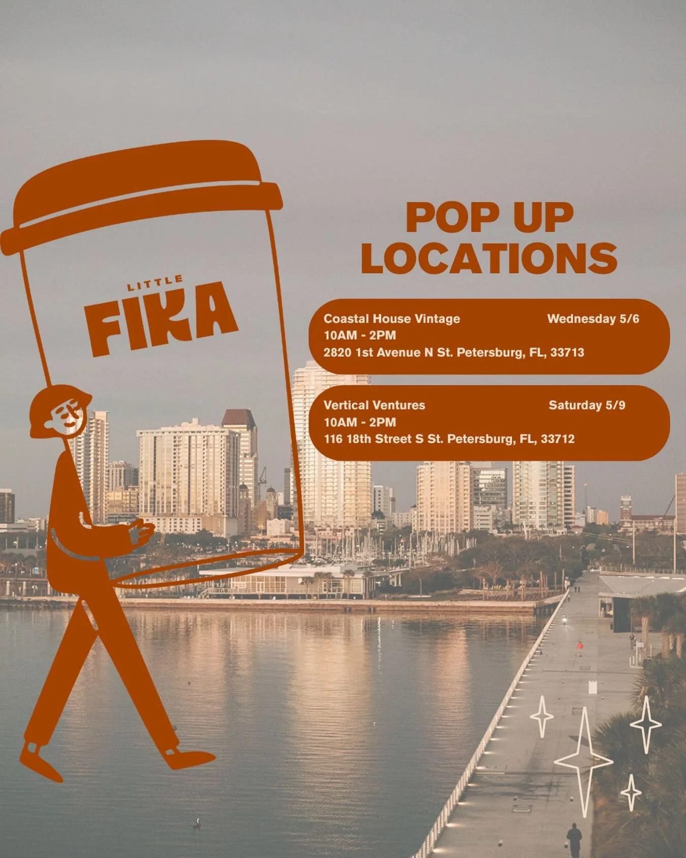 Where to Fika this week! @coastalhousevintage Wednesday May 6th 10AM-2PM &amp; @verticalventures Saturday May 9th 10AM-2PM ☕️