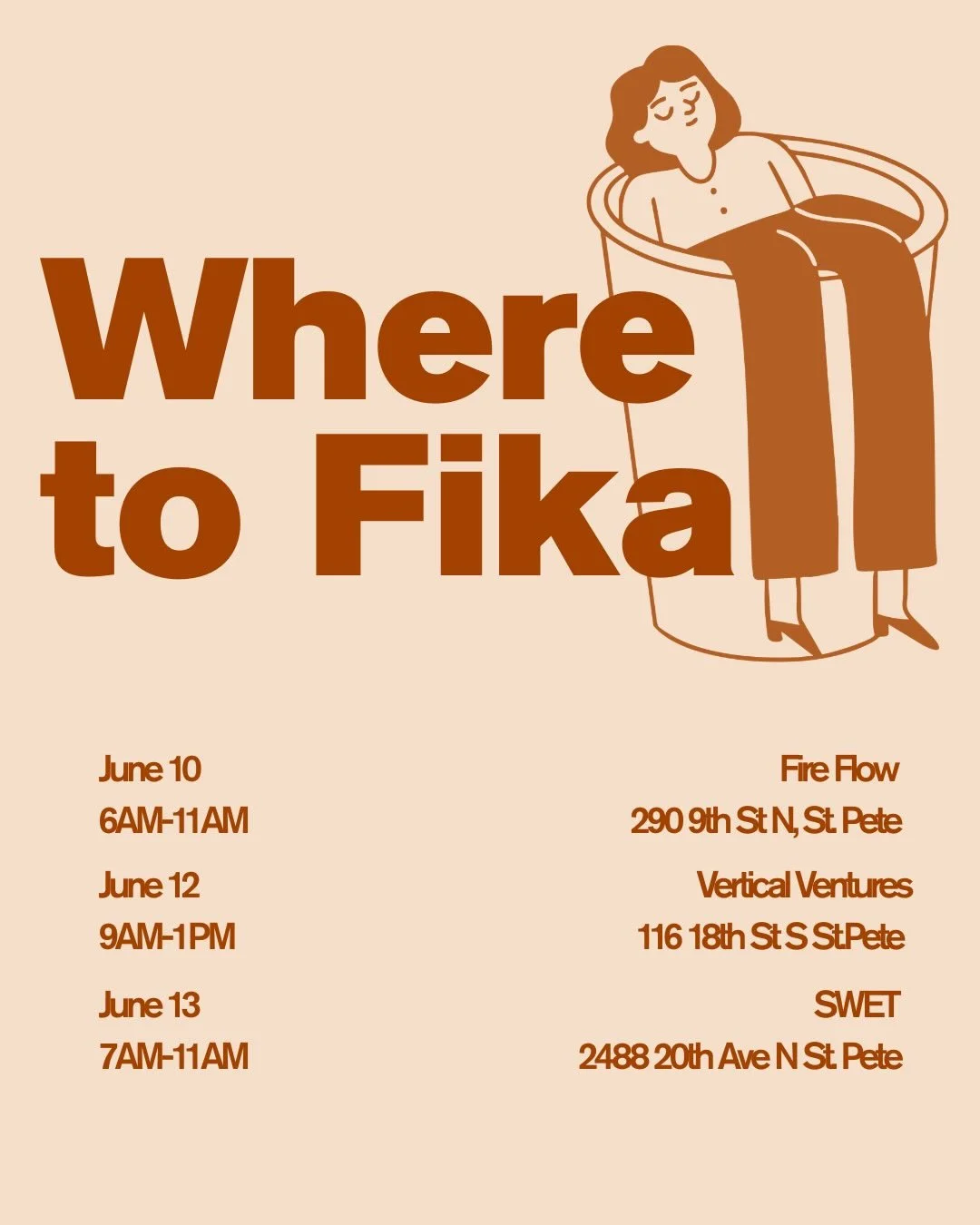 Fitness appears to be the theme this week! Hope to see some of you out there for a coffee and a workout 💪

Wednesday June 10th 6am-11am @fireflowstpete 
Friday June 12th 9am-1pm @verticalventures 
Saturday June 13th 7am-11am @_weswet