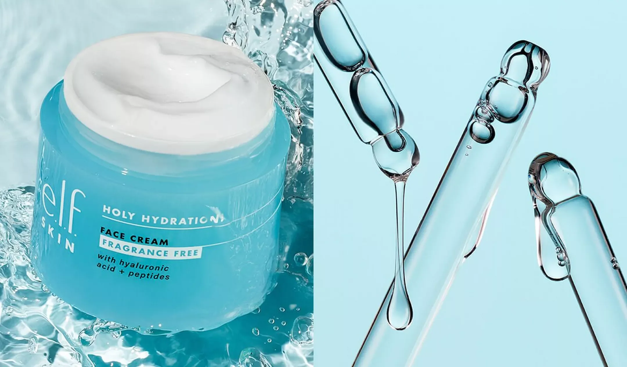 A jar of Elf Skin face cream with hyaluronic acid and peptides, called Holy Hydration!, with the cream visible on top, surrounded by water and ice on the left side, and several glass test tubes with blue liquid and droplets on the right side.