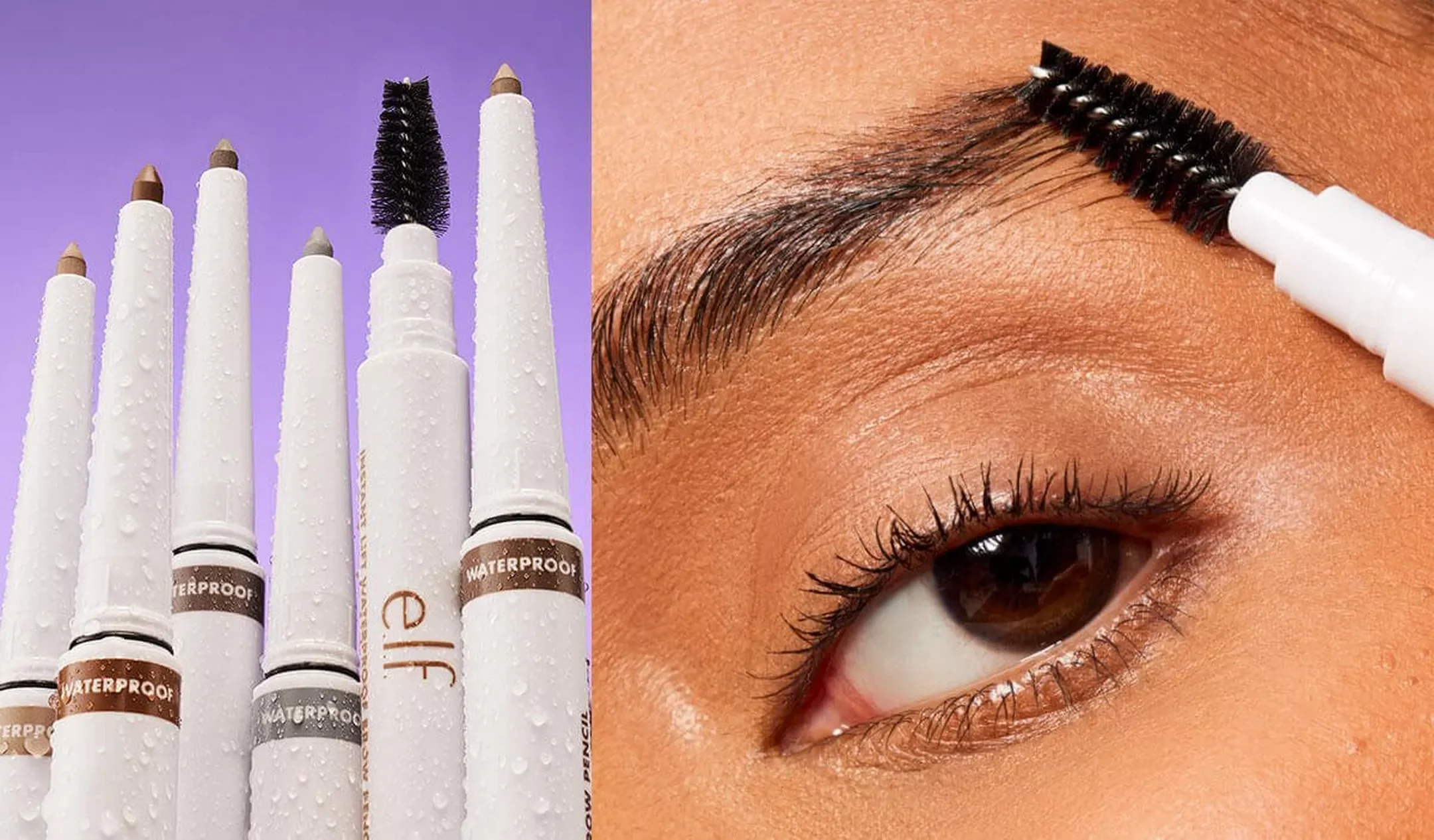 Close-up of a person's eyebrow and eye, with a white waterproof eyebrow pencil applying pigment to the eyebrow.