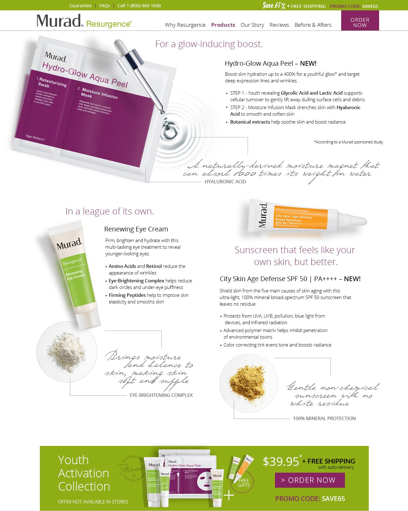 A promotional webpage for Murad Resurgence skincare products featuring Hydro-Glow Aqua Peel, renewing eye cream, and City Skin Age Defense SPF 50, with pricing, promotional details, and product descriptions.