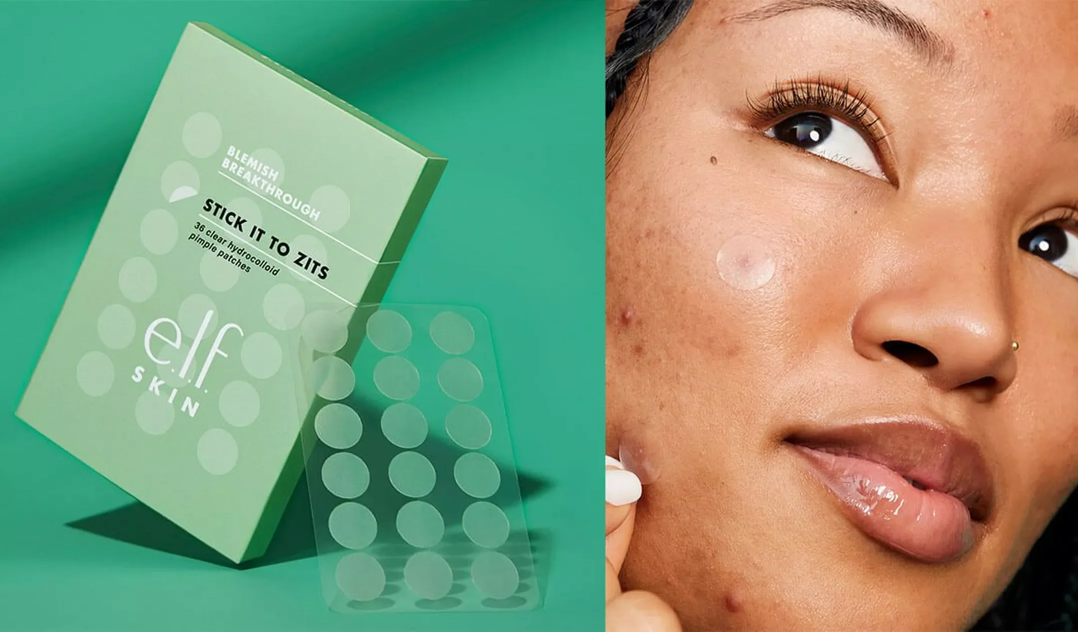 Close-up of a woman with clear skin, showing a skin patch on her cheek, and a box of e.l.f. skincare blemish patches with a blister pack of round patches beside it.