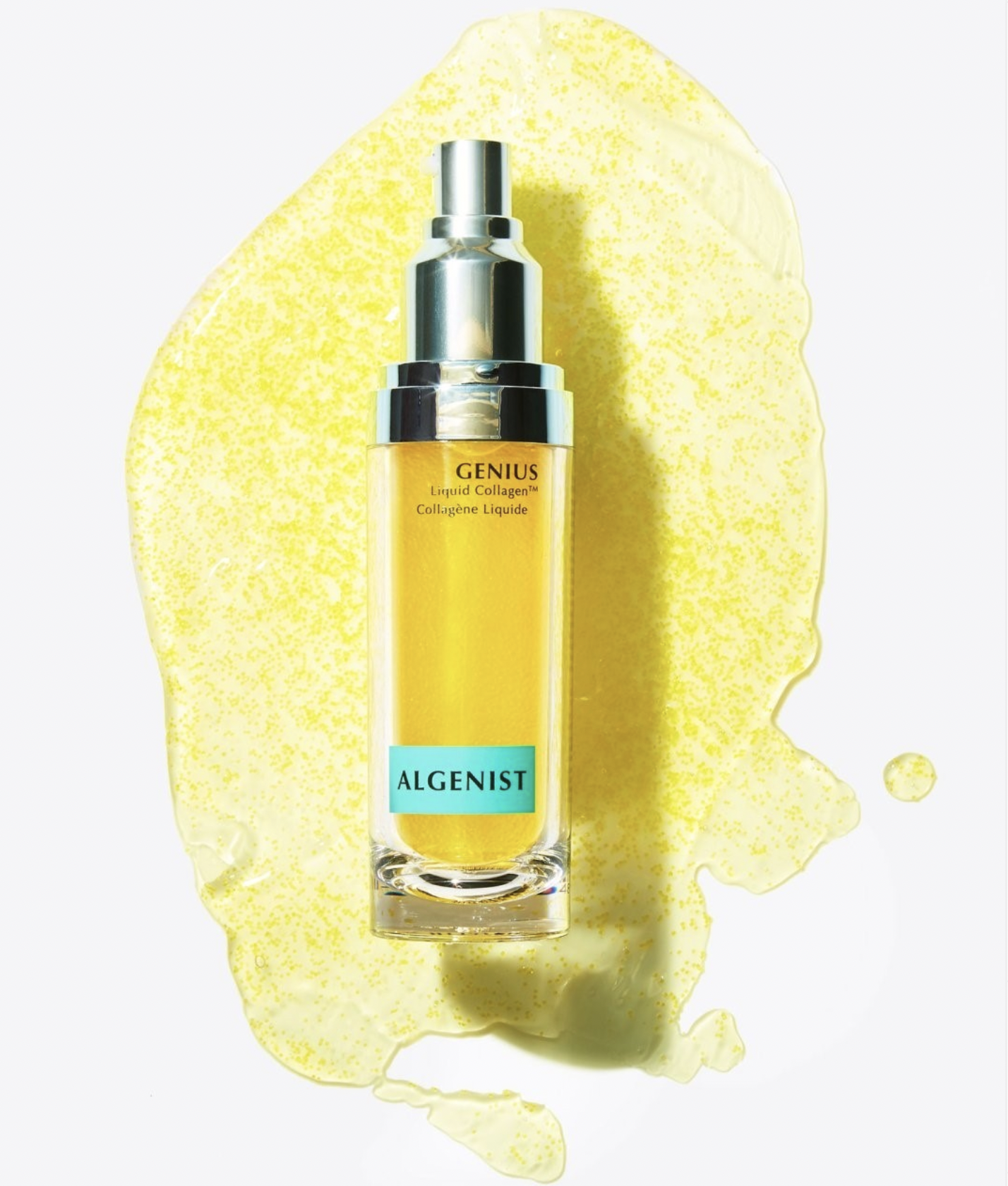 Algenist Genius Liquid Collagen serum bottle shot on top of serum.