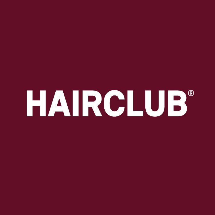 Logo for HAIRCLUB with white text on a dark red background.