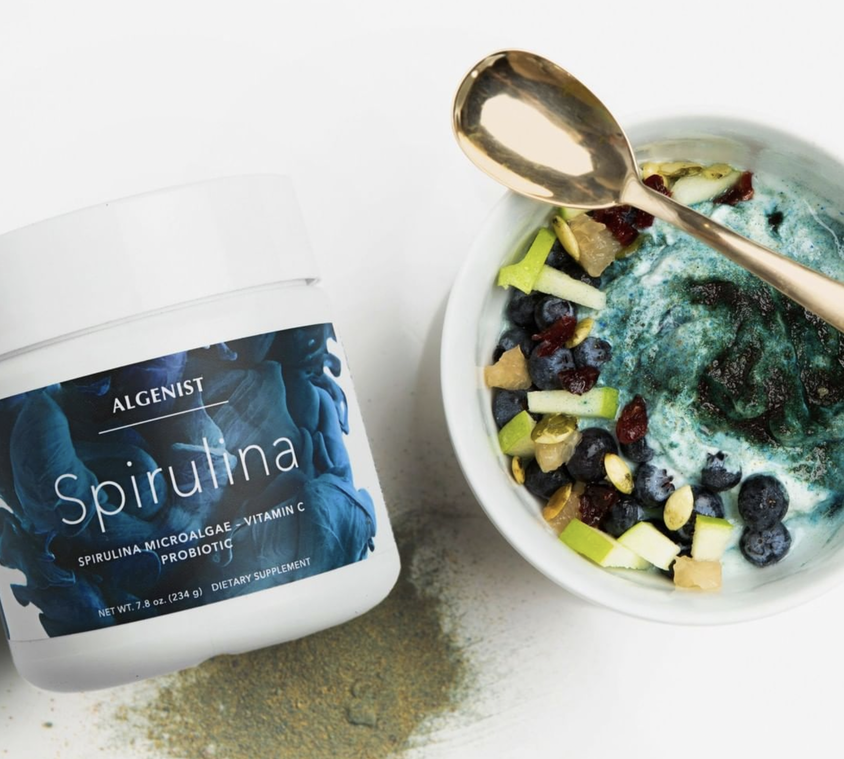 Algenist Skincare Supplement powder product shot with bowl of superfoods.