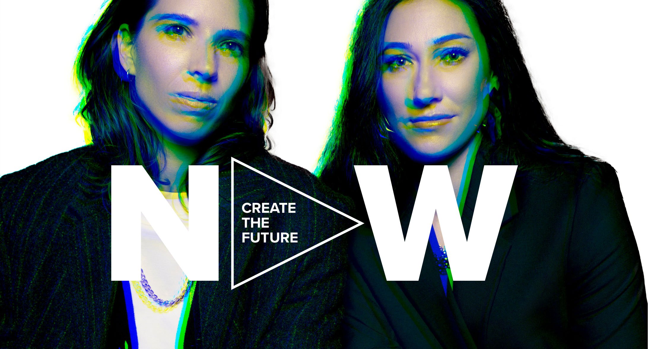 Tobin Heath and Christen Press of re-inc pose together, with the text in front of them reading 'NOW' and a triangle with the words 'Create the Future' inside for Yahoo Makers conference.