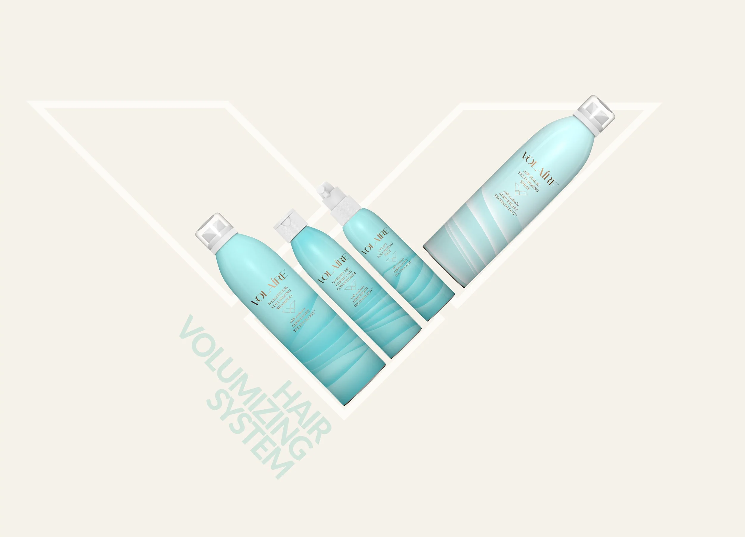 Display of four hair care Volaire bottles on a sloped surface with the text 'Hair volume maximizing system' written below.