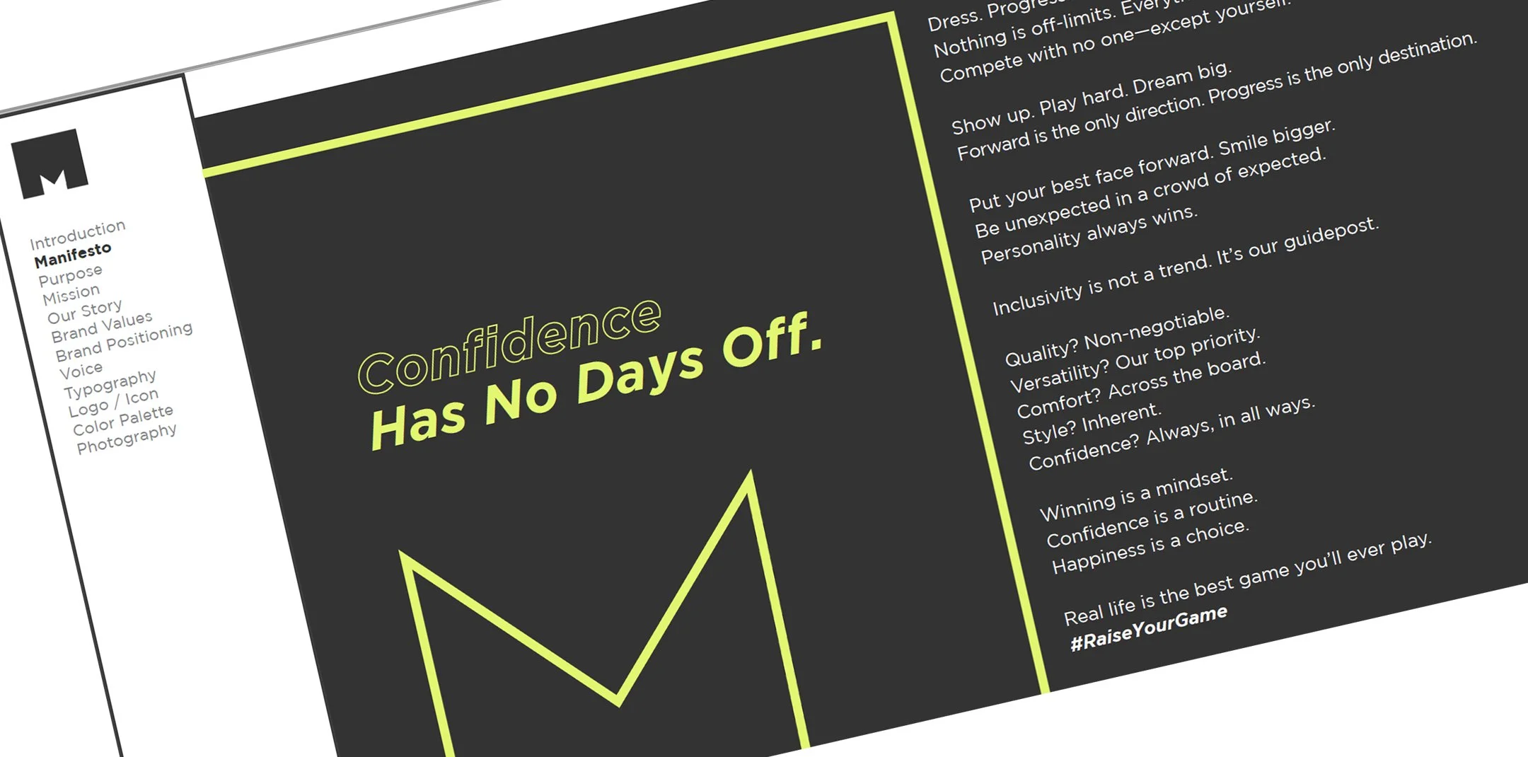 A motivational brochure for Michael Strahan Brand with a dark background and yellow accents, emphasizing confidence that has no days off. It includes tips on confidence, positivity, and success.