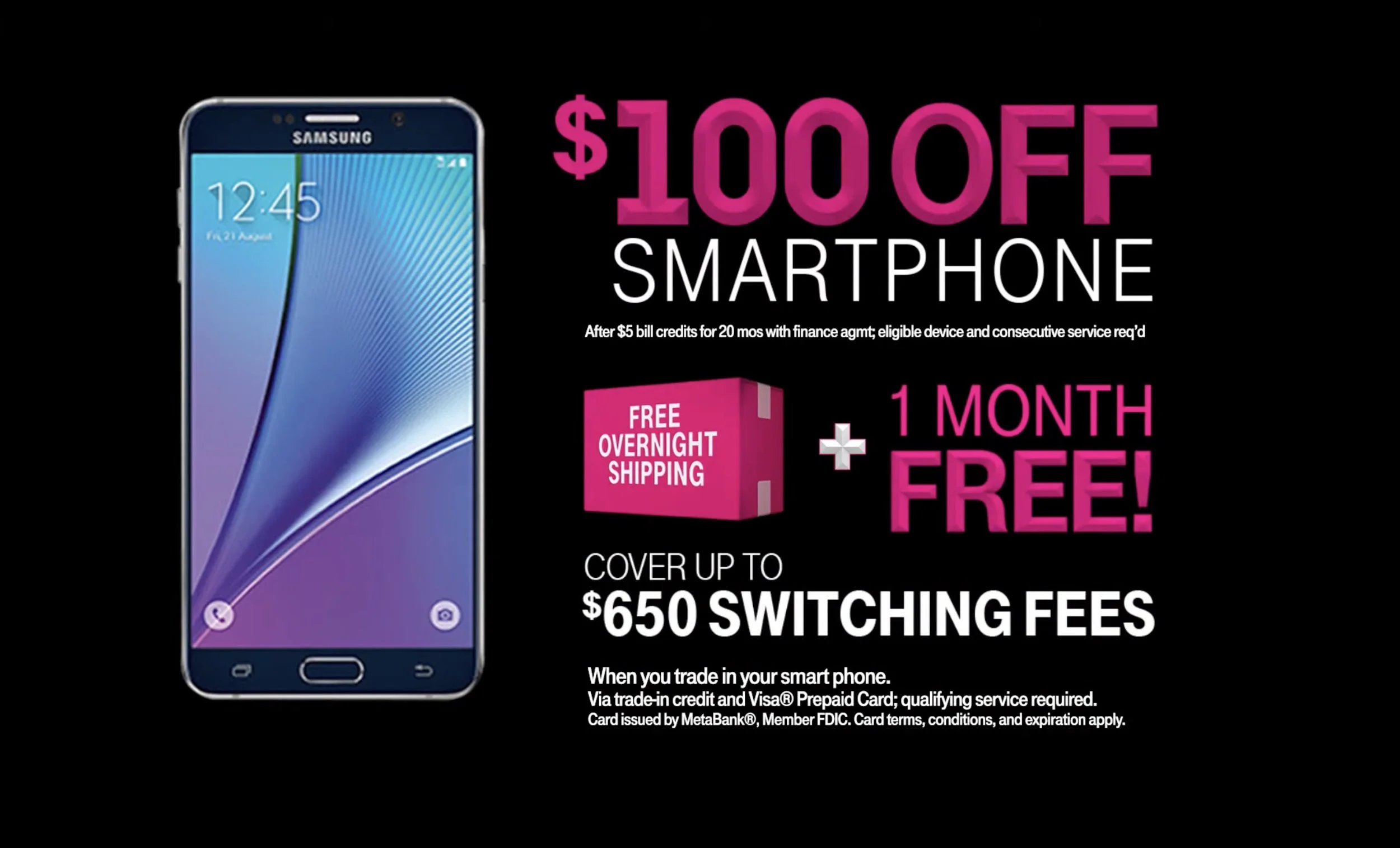 T-mobile TV commercial promotional graphic offering $100 OFF.