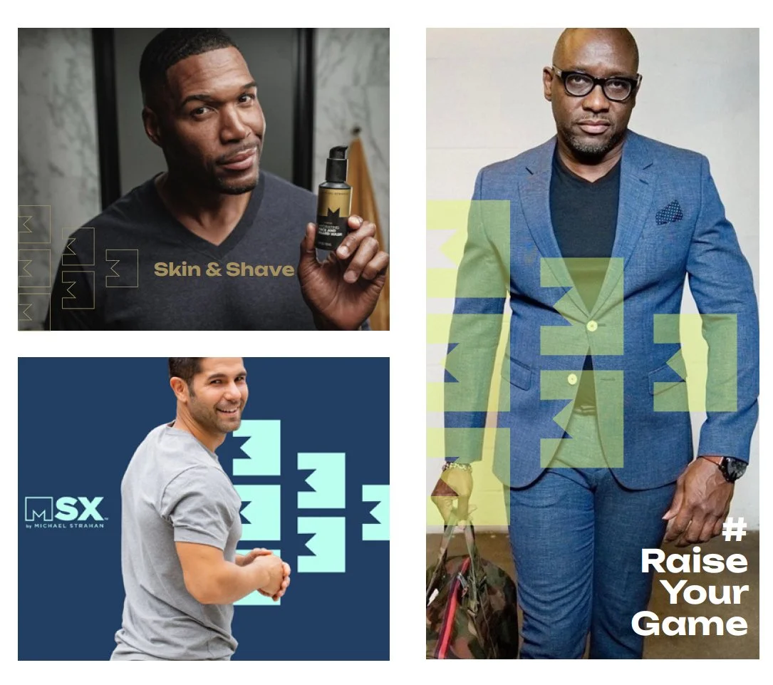 A series of visual branding mockups for Michael Strahan Brand. Michael Strahan holding a bottle of skin and shave product, one in a blue suit with 'M' icon overlayed, and one with younger man in gray t-shirt with "M' icon in the background.
