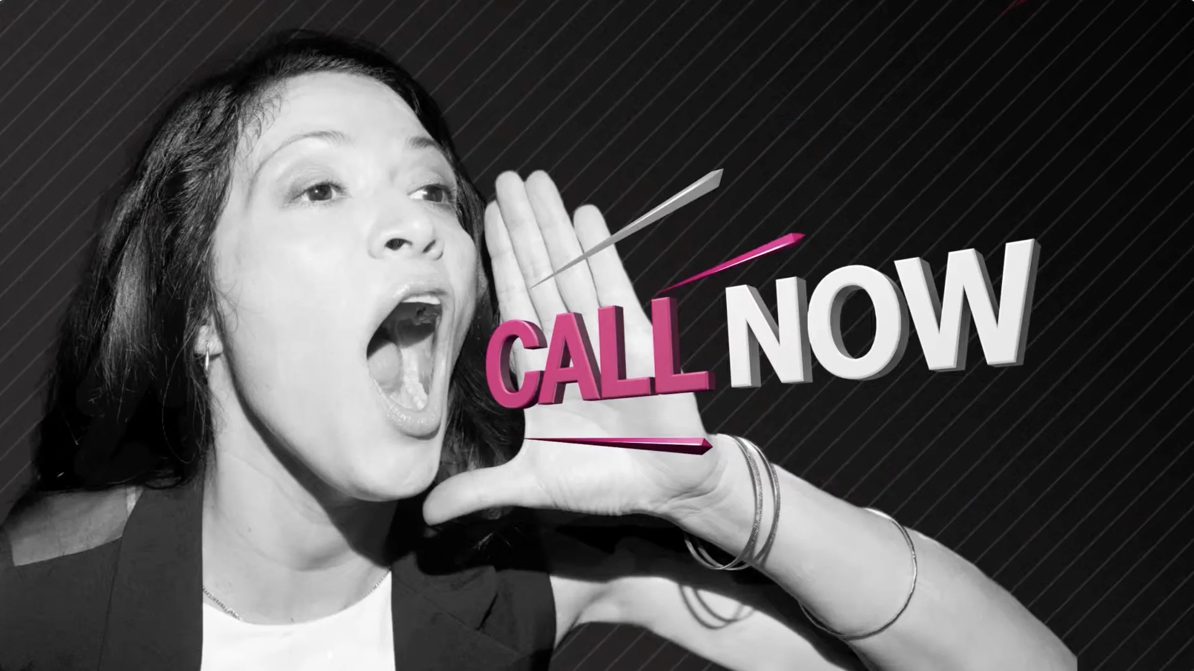 T-mobile TV commercial graphic. Black and white photo of a woman with dark hair, mouth open as if shouting, holding her hand to her ear, with colorful text saying "CALL NOW" next to her.