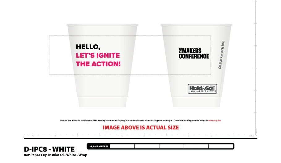 Design mockup of white insulated paper cups for Yahoo Makers conference event. The left cup has text saying "HELLO, LET'S IGNITE THE ACTION!" in black and pink, and the left saying "MAKERS CONFERENCE". 