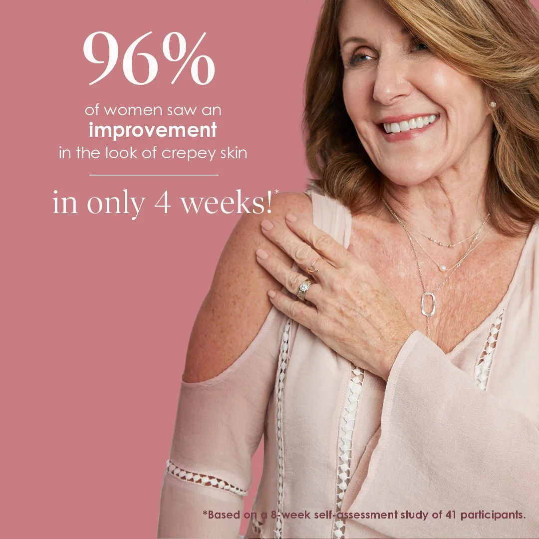 Female model with shoulder-length light brown hair smiling, wearing a beige blouse with cut-out details, holding her shoulder, and wearing jewelry, against a pink background with text about skin improvement in four weeks for Crepe Erase digital ad.