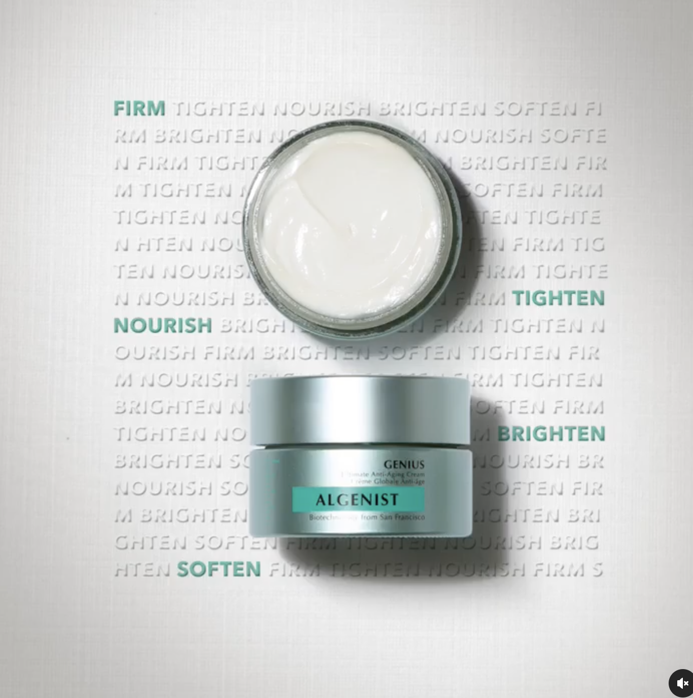 Algenist Genius product campaign graphic with product benefits listed in the background.