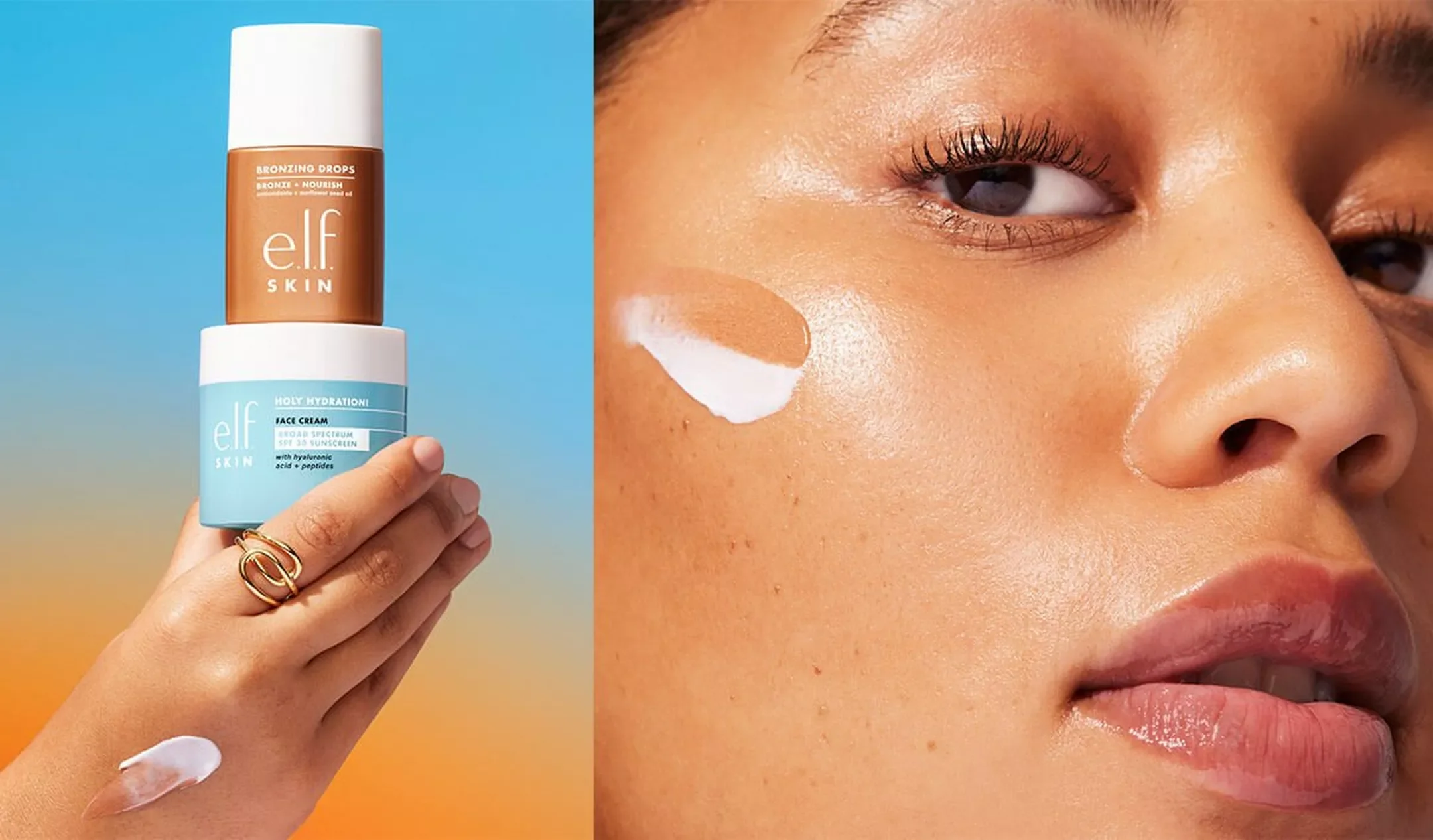 Close-up of a woman with skincare products on her cheek, showcasing the application of elf skincare products.