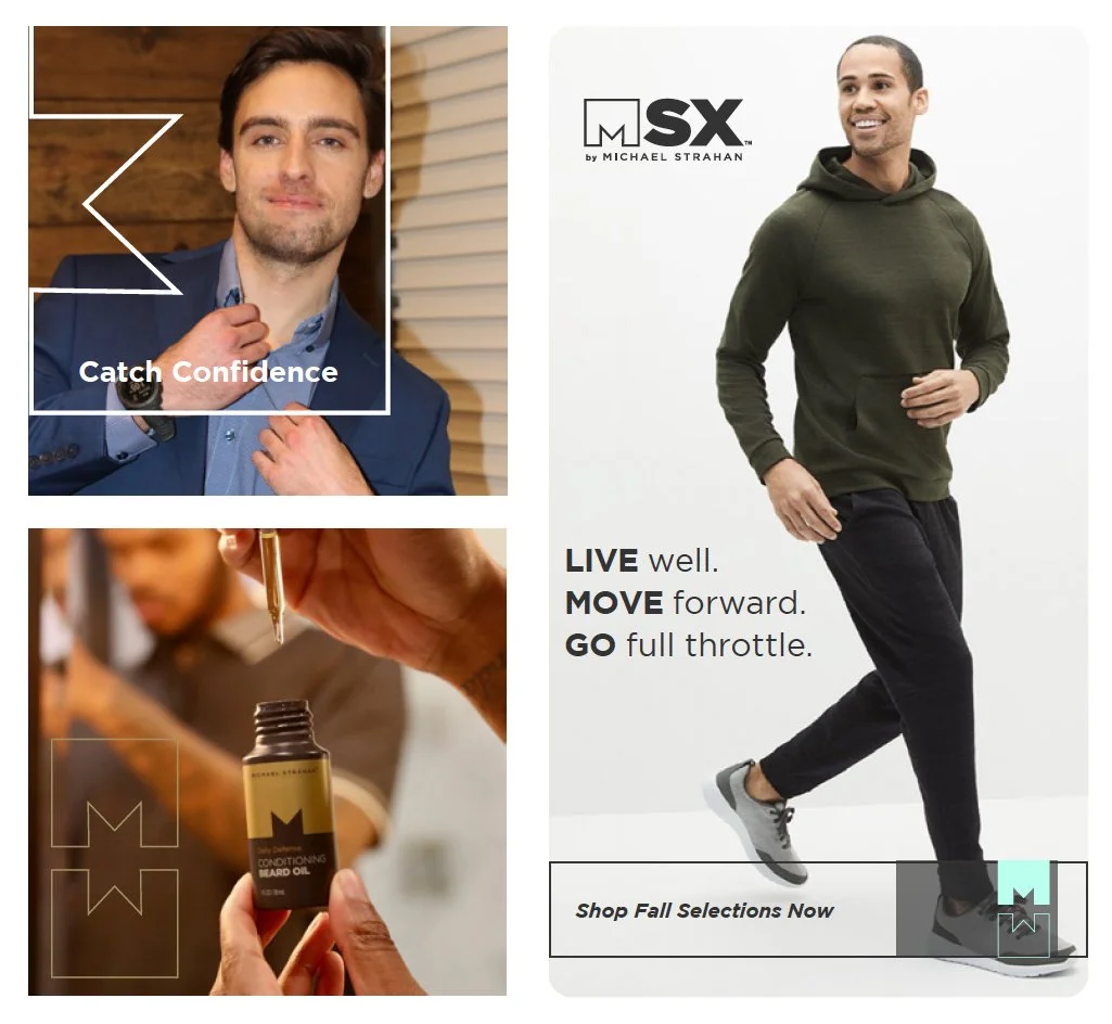 Advertisement. Top left shows a man in a suit adjusting his tie with the text 'Catch Confidence.' Top right features a man in a green hoodie and black pants jogging, with the text 'LIVE well. MOVE forward. GO full throttle.' Bottom left depicts a per