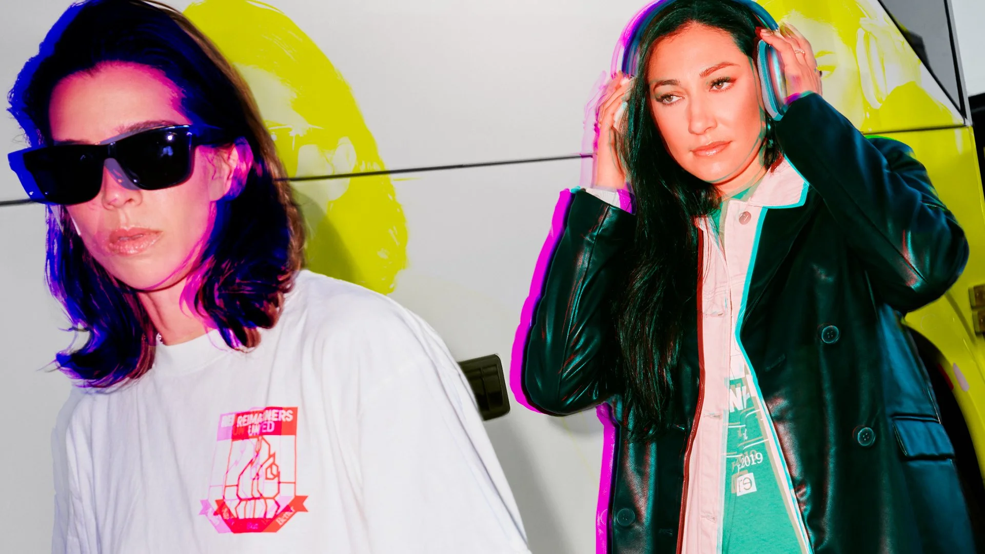 Tobin Heath and Christen Press of re-inc wearing modern fashion stand against a white background with yellow and pink lighting effects, one wearing sunglasses and a white shirt, for Yahoo Makers conference.