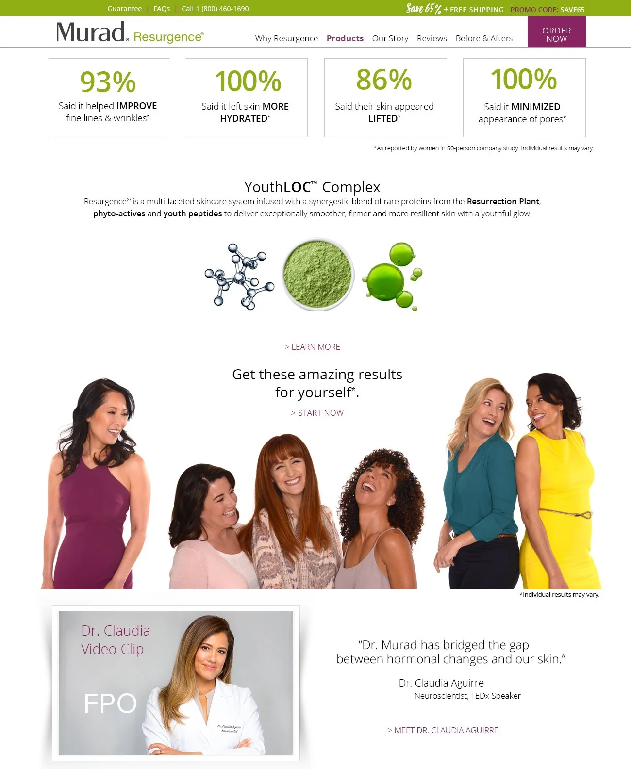 A promotional webpage for Murad Resurgence skincare products featuring statistics about skin improvement, an image of the YouthLOC Complex molecular structure, a group of happy women, and a profile of Dr. Claudia Aguirre, a neuroscientist and TEDx sp