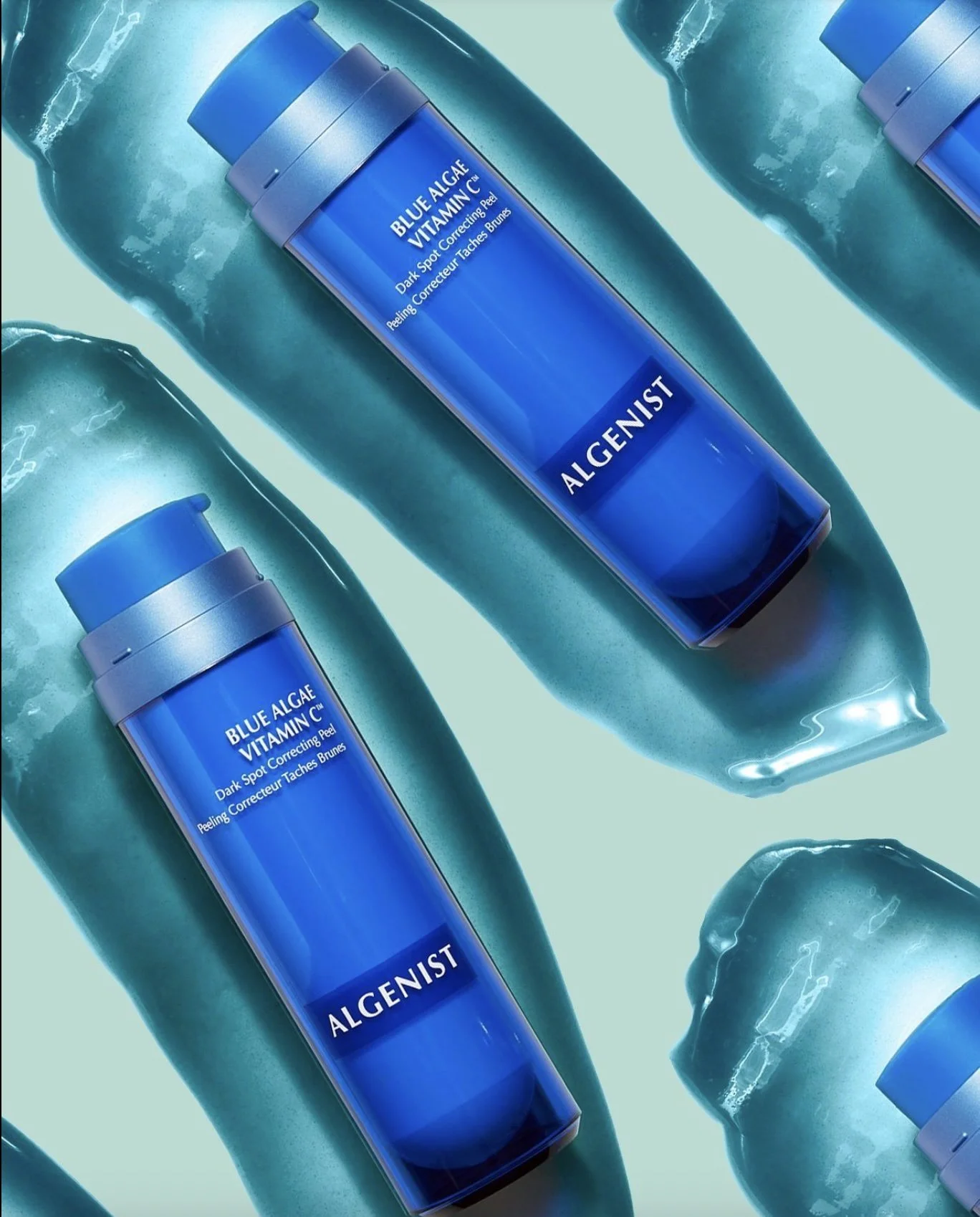 Agenist Skincare Blue Algae Vitamin C Serum Campaign photo shoot serum bottle on top of serum.