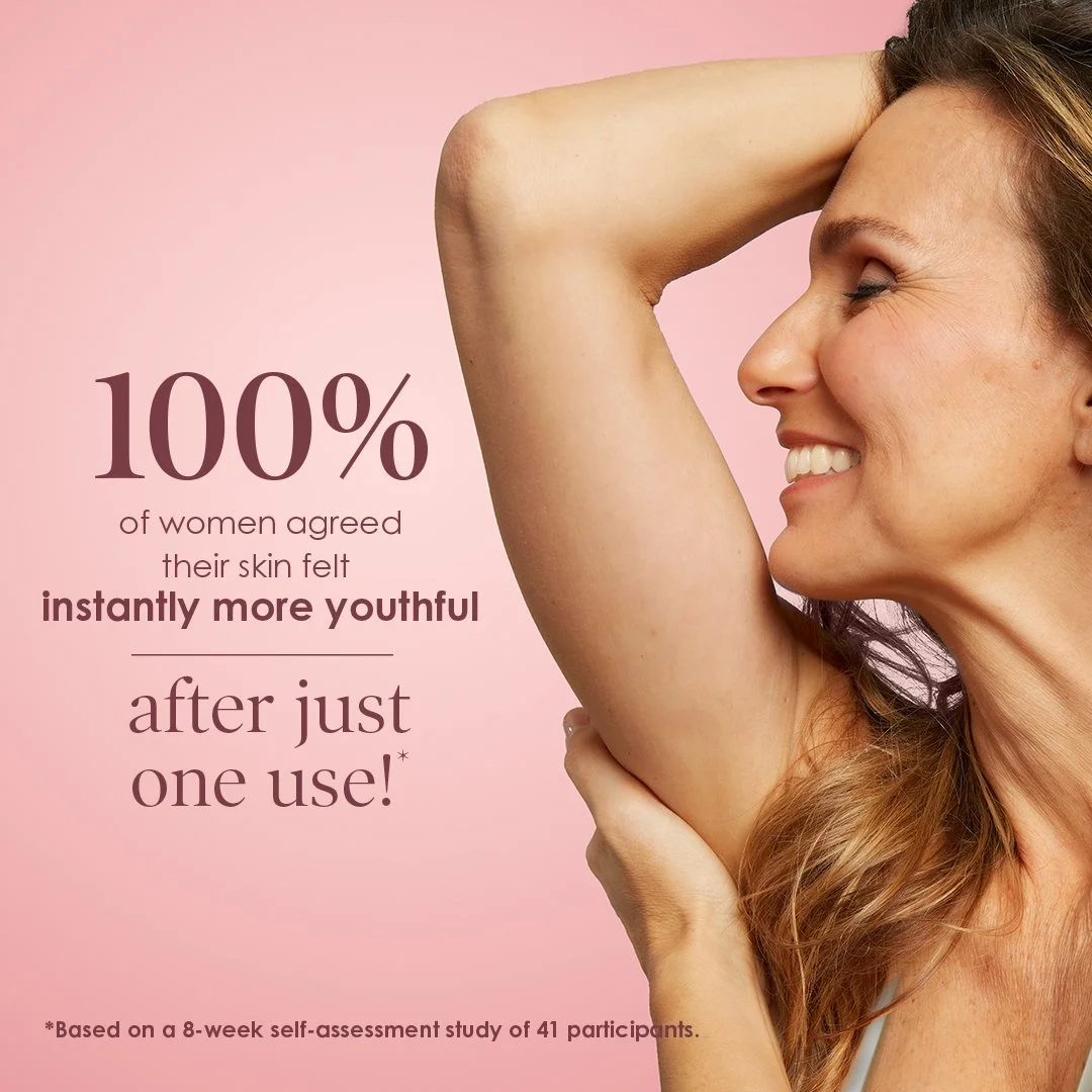 A female model smiling and touching her bare armpit against a pink background. Overlaid text states that 100% of women agreed their skin felt instantly more youthful after just one use, based on a self-assessment study for Crepe Erase digital ad.